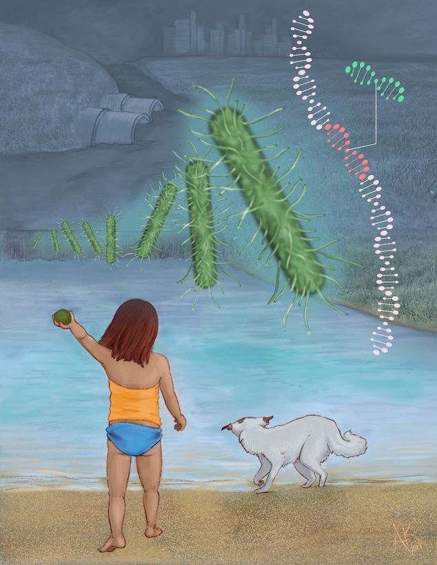 A child throws a rock into a body of water with her dog poised to jump in after it. Looming large in the foreground are genetically engineered microbes and a strand of DNA.