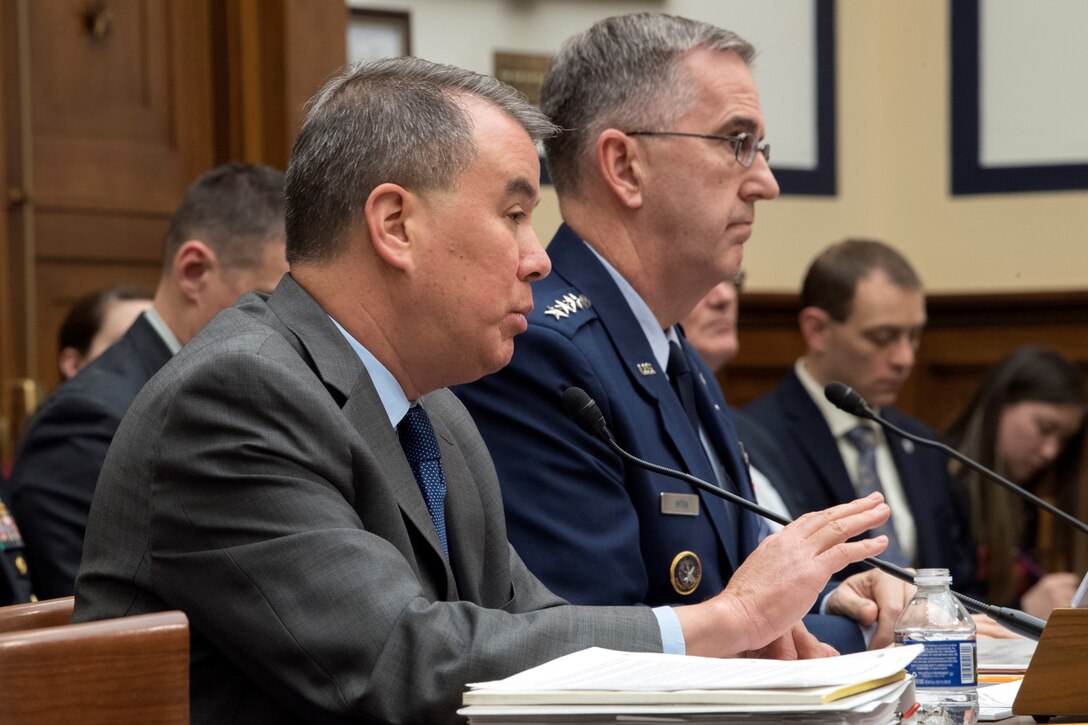 Undersecretary of Defense for Policy John C. Rood and Air Force Gen. John E. Hyten, commander of U.S. Strategic Command, testify before the House Armed Services Committee.