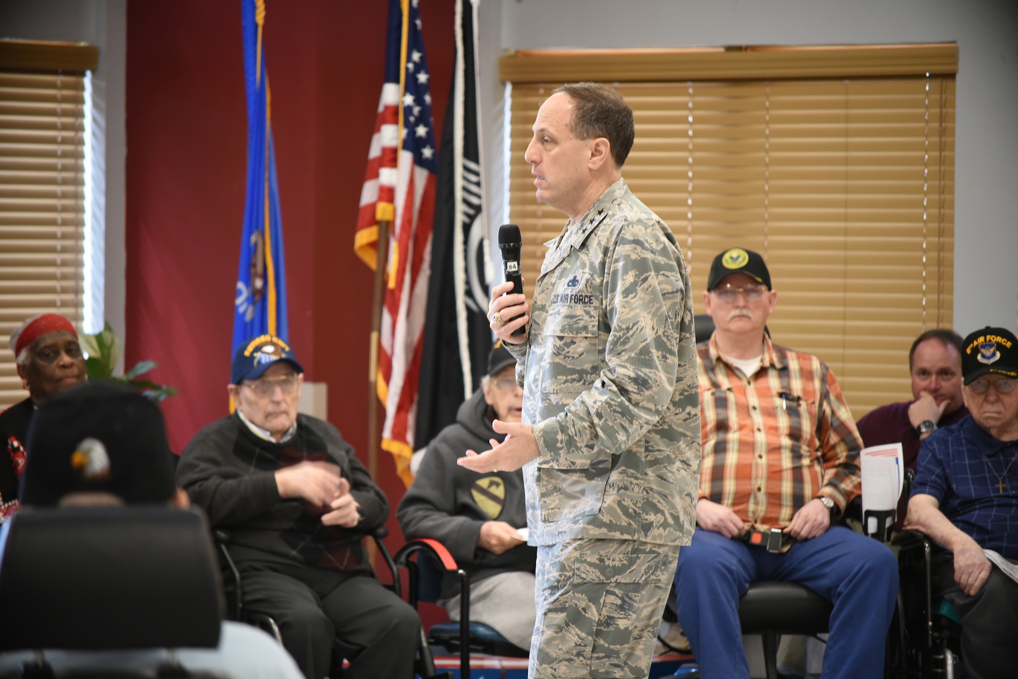 Air Force Sustainment Center Commander Lt. Gen. Lee K. Levy II poses a question to the Norman Veterans Center military panel during a Feb. 28, 2018, visit to the center in Norman, Oklahoma. The 15-member panel frequently visits area schools to share their military experiences and life lessons with students.