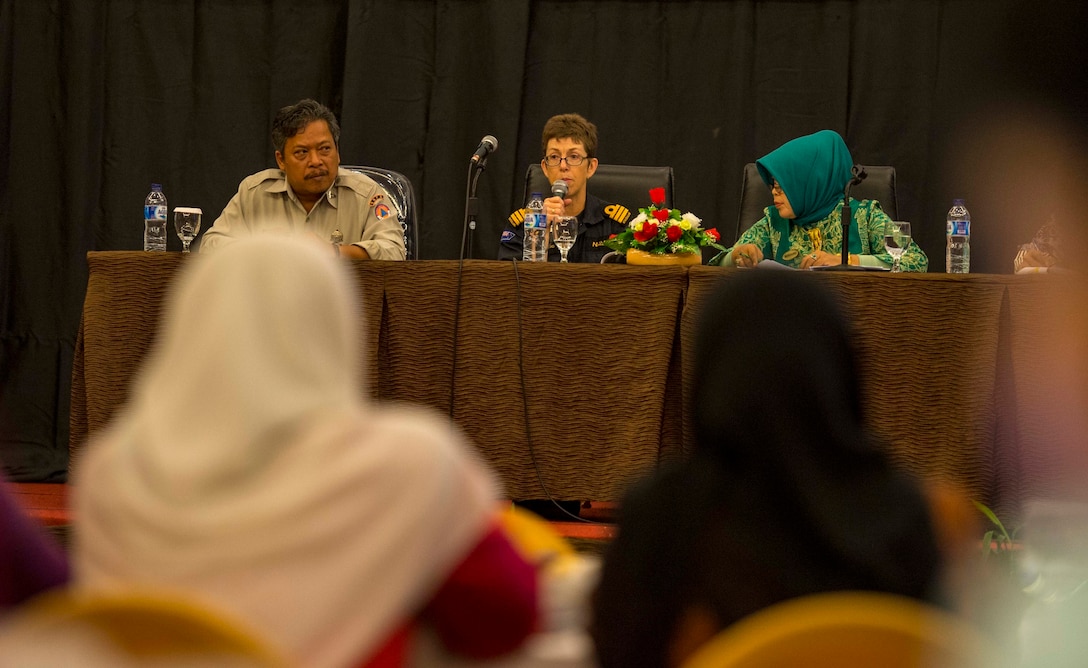 Women, Peace and Security seminar experts speak at a panel during the Pacific Partnership 2016 Women, Peace and Security seminar.