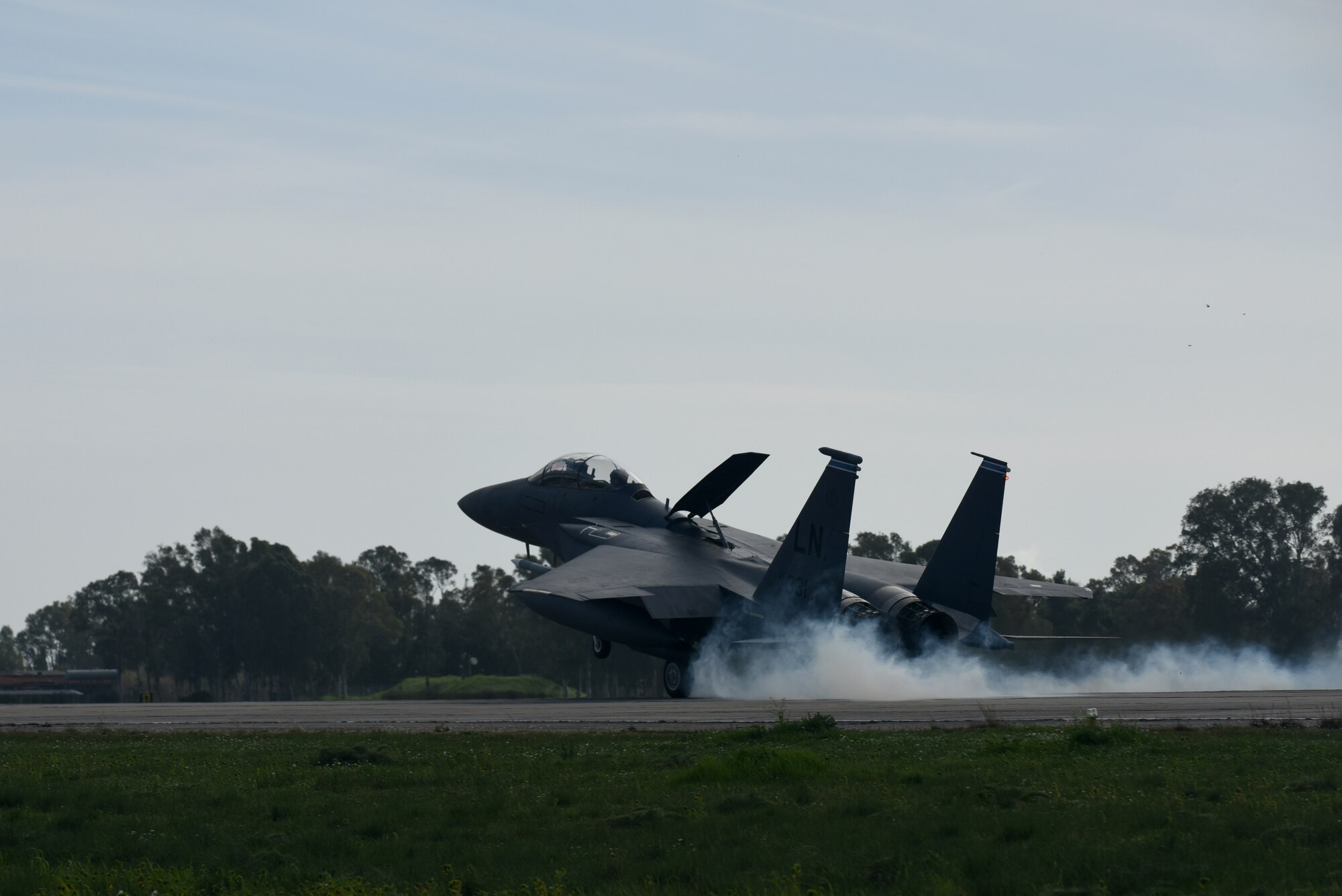 An F-15E Strike Eagle, assigned to the 492nd Fighter Squadron from Royal Air Force Lakenheath, England, arrives at Andravida Air Base, Greece, March 7. The 492nd FS is scheduled to participate in INIOHOS 18, a Hellenic Air Force-led, large force flying exercise that is slated to involve seven countries and over 50 aircraft. (U.S. Air Force photo/Airman 1st Class Eli Chevalier)