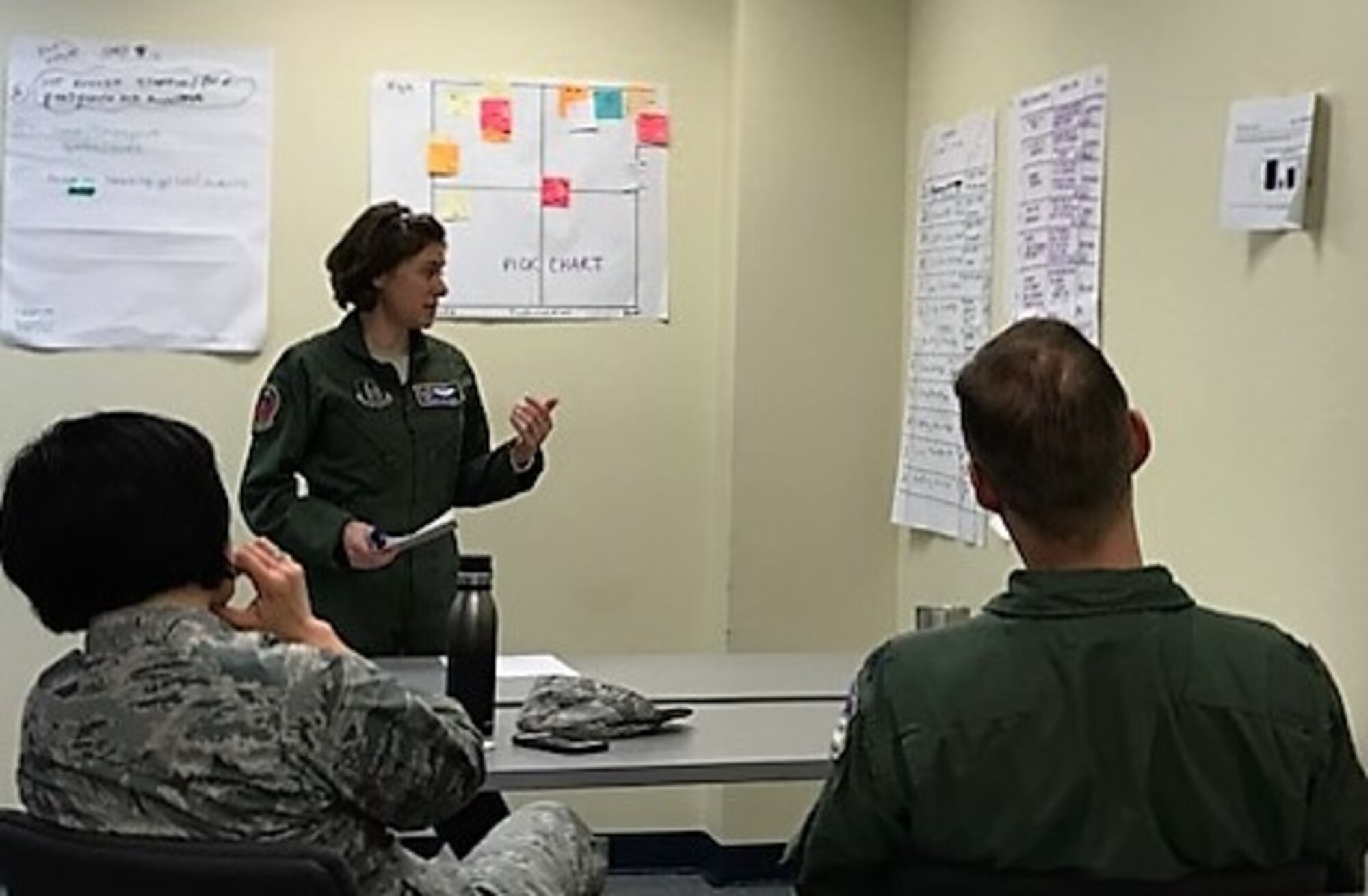 Lt. Col. Laura Zeppos, 43rd Flying Training Squadron UFT Liaison Officer, outbriefs process improvement champion Col. Janette Thode, group commander, and Lt. Col. Timothy Chapman, UFT program manager. (U.S. Air Force photo by Teresa Davies)