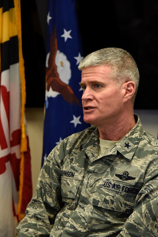 Air Force Brig. Gen. Paul Johnson, 175th Wing commander, answers questions March 4th, 2018, during a professional development interview at Warfield Air National Guard Base, Middle River, Md.