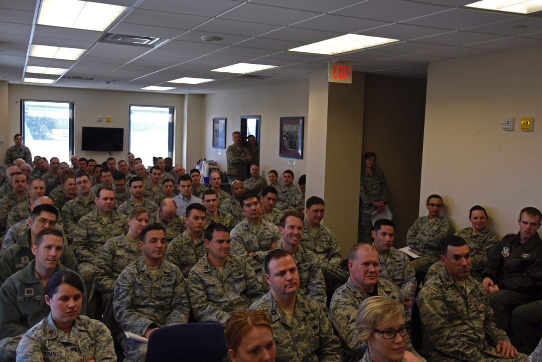 175th Wing members gathered to listen to a professional development interview with Air Force Brig. Gen. Paul Johnson, 175th Wing commander, March 4th, 2018, at Warfield Air National Guard Base, Middle River, Md.