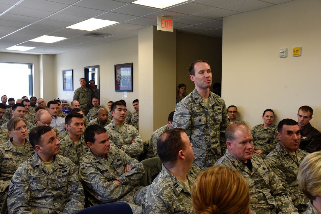 A 175th Wing member asks Air Force Brig. Gen. Paul Johnson, 175th Wing commander, a question March 4th, 2018, while attending a professional development interview at Warfield Air National Guard Base, Middle River, Md.