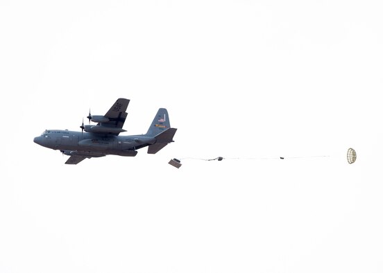 A C-130 Hercules from the 133rd Airlift Wing airdrops a Containerized Delivery System (CDS) over U.S. Army Yuma Proving Grounds, Ariz., Feb. 27, 2018.