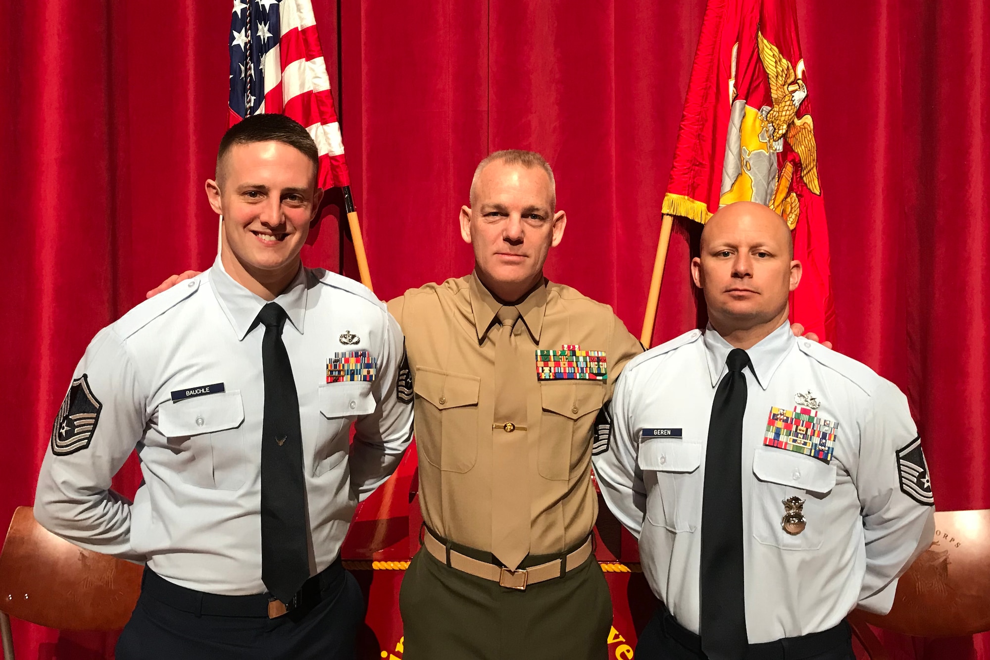 Master Sgt. Christopher Bauchle, 434th Civil Engineering Squadron assistant fire chief, poses with an unnamed Marine and Airmen following graduation from the Marine Staff NCO advanced course at Camp Lejeune, North Carolina recently. Bauchle improved his chances of attending the course by researching the school beforehand and tailoring his application to the qualities the school valued most. (U.S. Air Force/courtesy photo)