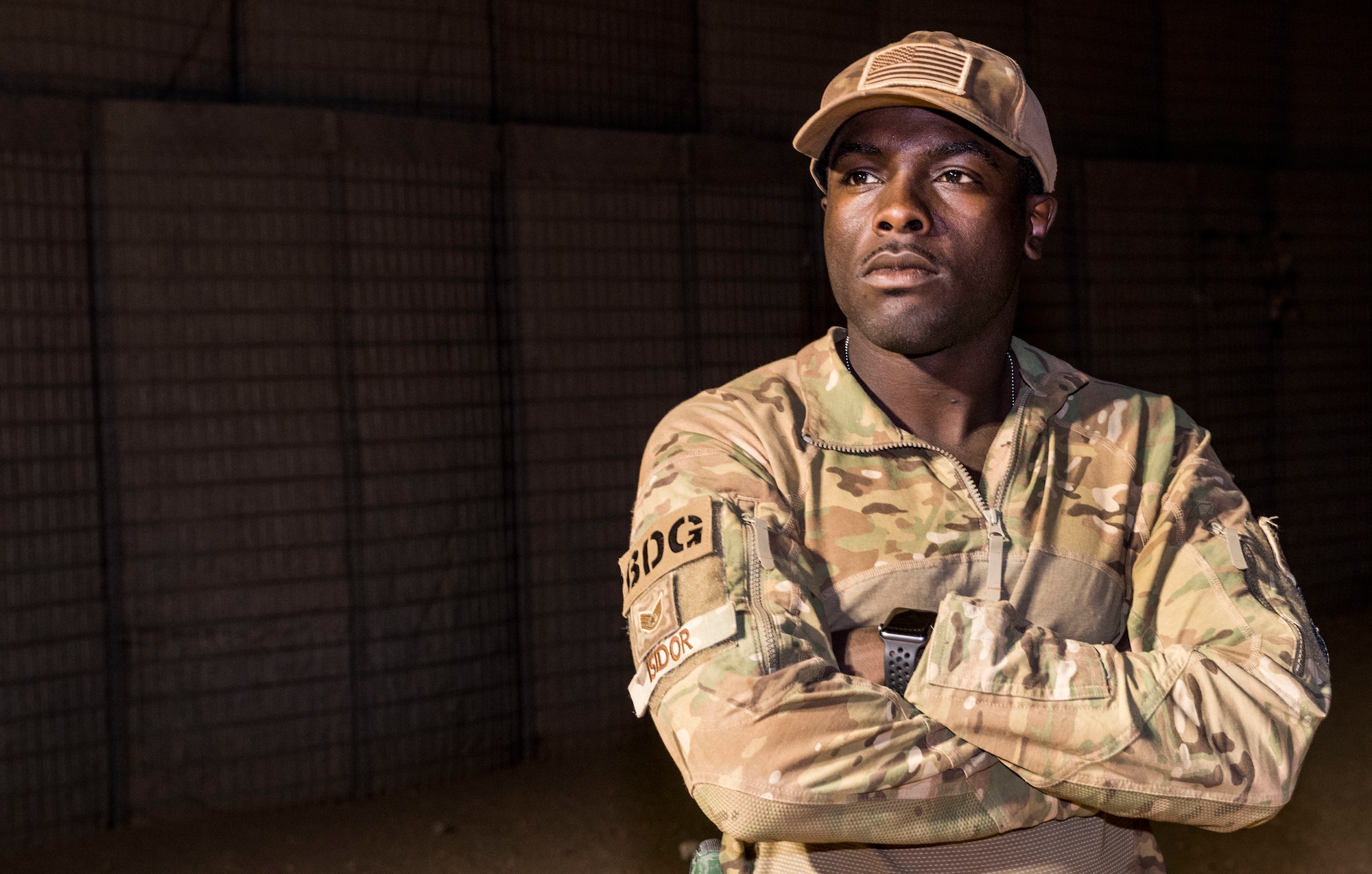 .S. Air Force Staff Sgt. Mackenzie Isidor, 822nd Expeditionary Base Defense Squadron fire team leader, stands on post at Nigerien Air Base 201, in Agadez, Niger, Feb. 26, 2018. Isidor routinely discusses the importance of diversity with his Airmen. (U.S. Air Force photo by Tech. Sgt. Nick Wilson)