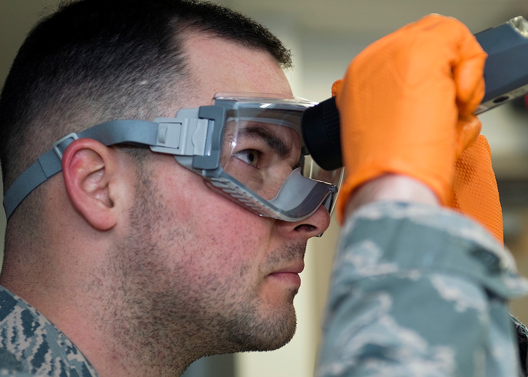 Fuels lab technician testing the fuel at Whiteman Air Force Base, Mo.