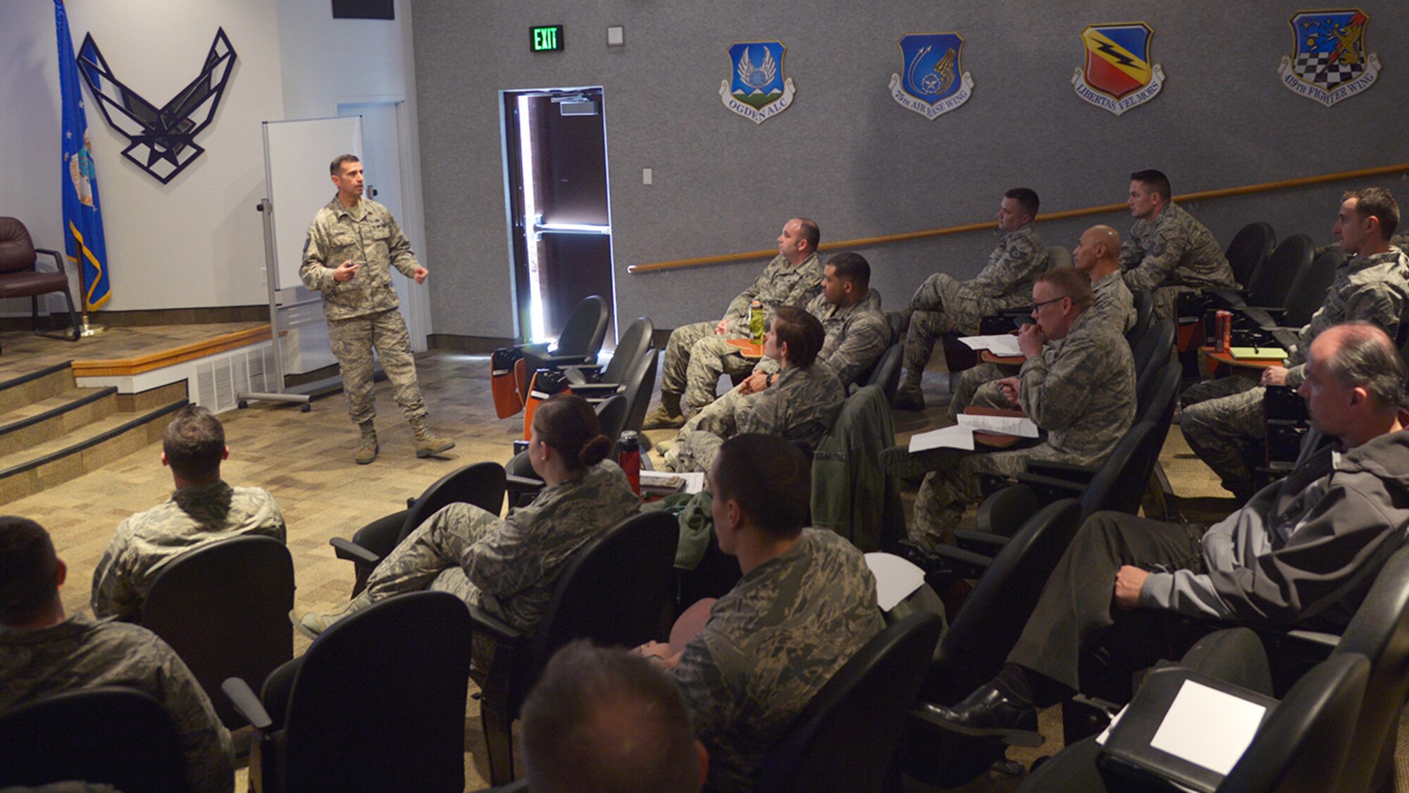 Master Sgt. Manny Ramirez speaks during a new Flight Commander's Course, Hill Air Force Base, Utah, March 7, 2018. Developed locally by wing, group and squadron leadership, the first-ever session was attended by veteran flight commanders from across base who were charged with evaluating and providing feedback about the training curriculum. The course will be offered twice a year. (U.S. Air Force photo by Airman 1st Class James Kennedy)