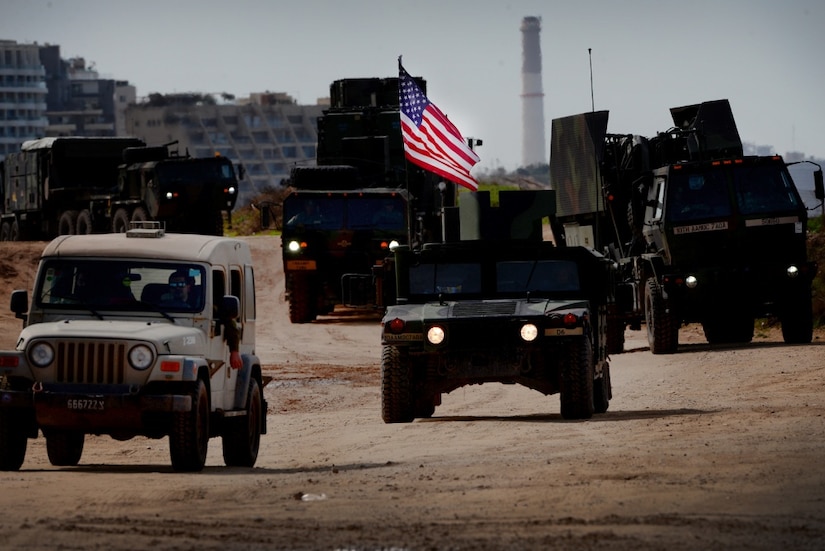 U.S. soldiers from the 5th Battalion, 7th Air Defense Artillery Regiment, conduct emplacement and system validation for the MIM-104 Patriot air defense missiles battery.