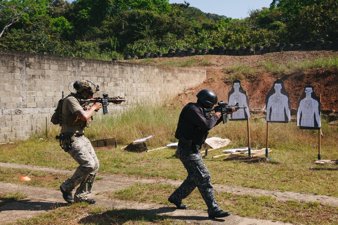 Military personnel train.