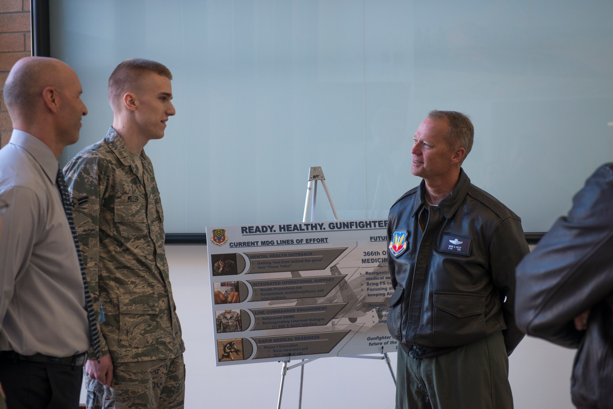 Airman 1st Class Benjamin Miller, 366th Medical Group mental health technician, briefs Lt. Gen. Mark Kelly, Commander of 12th Air Force and Air Forces Southern, about the 366th MDG priorities Mar. 5, 2017, at Mountain Home Air Force Base, Idaho. Leadership from 12th Air Force came to the 366th Fighter Wing to discuss mission operations. (U.S. Air Force photo by Airman 1st Class JaNae Capuno)