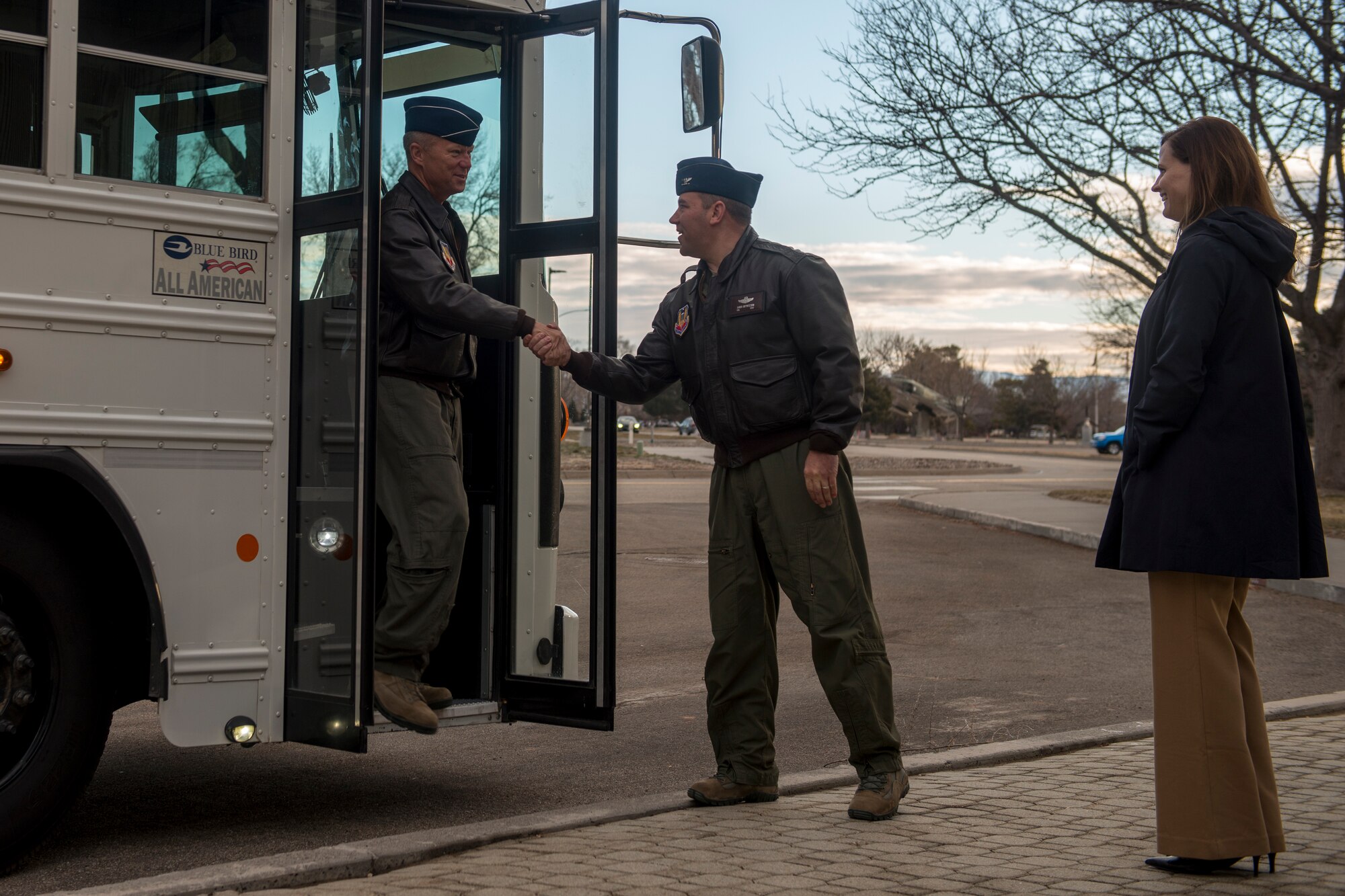 Col. David Brynteson, 366th Fighter Wing vice commander, and his wife, Theresa Brynteson, greet Lt. Gen. Mark Kelly, Commander of 12th Air Force and Air Forces Southern, Mar. 5, 2017, at Mountain Home Air Force Base, Idaho. Leadership from 12th Air Force came to the 366th Fighter Wing to discuss mission priorities. (U.S. Air Force photo by Airman 1st Class JaNae Capuno)