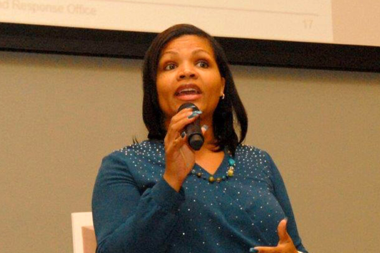 Sexual Assault Response Coordinator, Ella Wynn, fields questions during a Sexual Assault Response and Prevention Summit at the Defense Logistics Agency Troop Support in Philadelphia on March 1. As the Troop Support SARC, Wynn hosted and facilitated the supervisor summit to discuss the importance of SAPR.