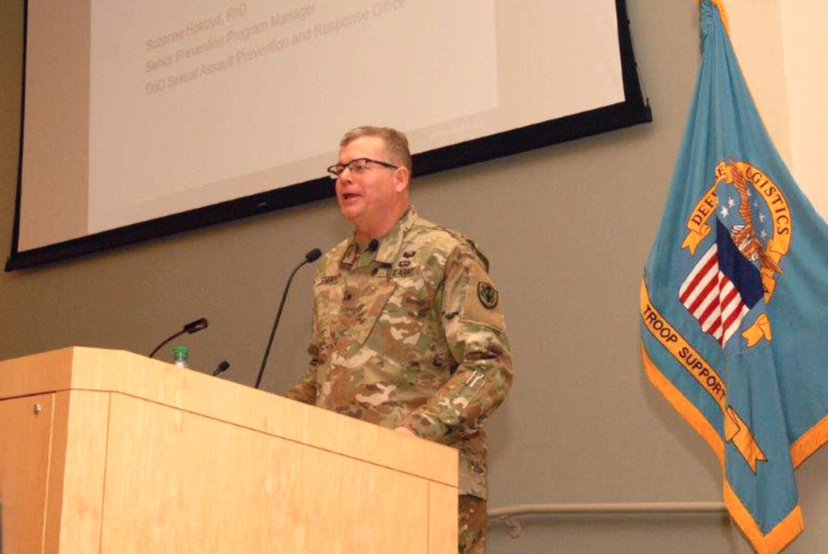 Army Brig. Gen. Mark Simerly provides introductory remarks during a Sexual Assault Response and Prevention Summit at the Defense Logistics Agency Troop Support in Philadelphia on March 1.