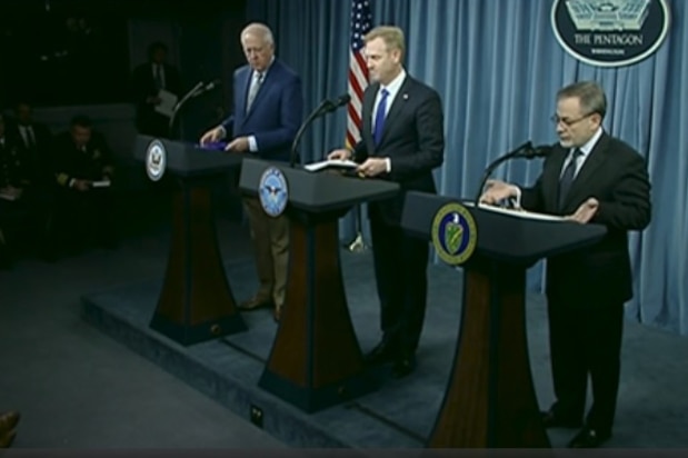 Deputy Defense Secretary Patrick M. Shanahan, Deputy Energy Secretary Dan Brouillette and Undersecretary of State for Political Affairs Thomas A. Shannon Jr. co-host the nuclear posture review rollout during a press briefing at the Pentagon, Feb. 2, 2018. After the rollout, Acting Assistant Secretary of State for Arms Control, Verification and Compliance Anita E. Friedt, Undersecretary of Defense for Policy John C. Rood and Acting Undersecretary for Nuclear Security and National Nuclear Security Administration Administrator Steve Erhart answer questions from reporters.