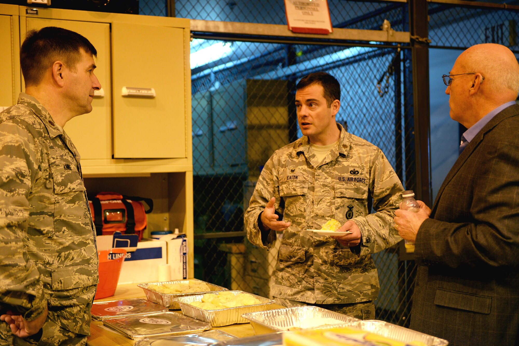 Chaplain (Maj.) Bradley Kimble, 14th Flying Training Wing Deputy Chaplain, Maj. Eric Eaton, 14th Security Forces Squadron commander, and Retired Maj. Gen., Cecil Richardson, former Air Force Chief of Chaplains talk March 6, 2018, on Columbus Air Force Base, Mississippi. Richardson was prior enlisted as