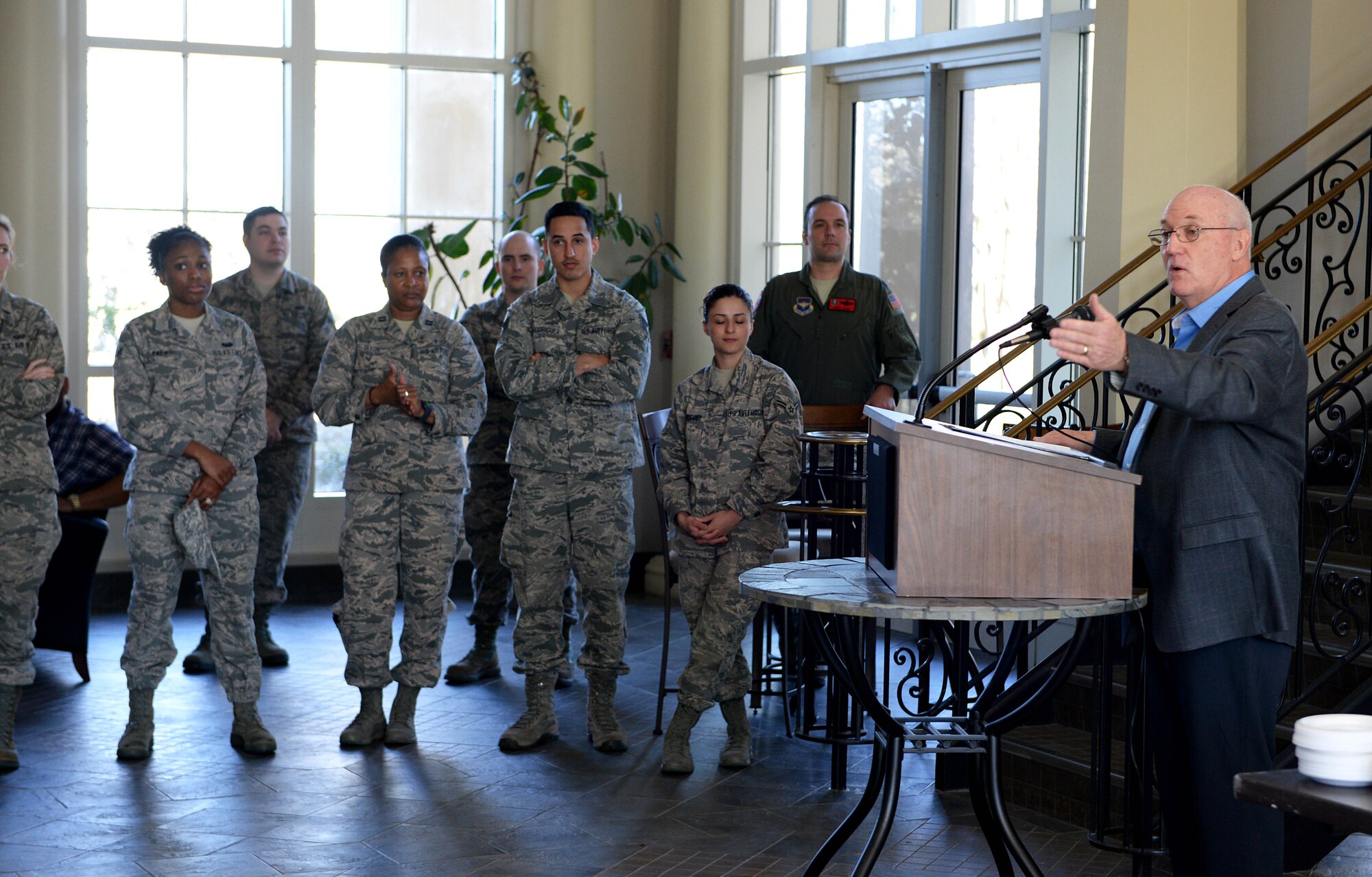 Retired Maj. Gen., Cecil Richardson, former Air Force Chief of Chaplains speaks to the mission support group staff of Columbus Air Force Base March 6, 2018, on Columbus AFB, Mississippi. Richardson retired after 41 years of service to the Air Force, and still speaks at events across the country in his retirement. (U.S. Air Force photo by Airman 1st Class Keith Holcomb)