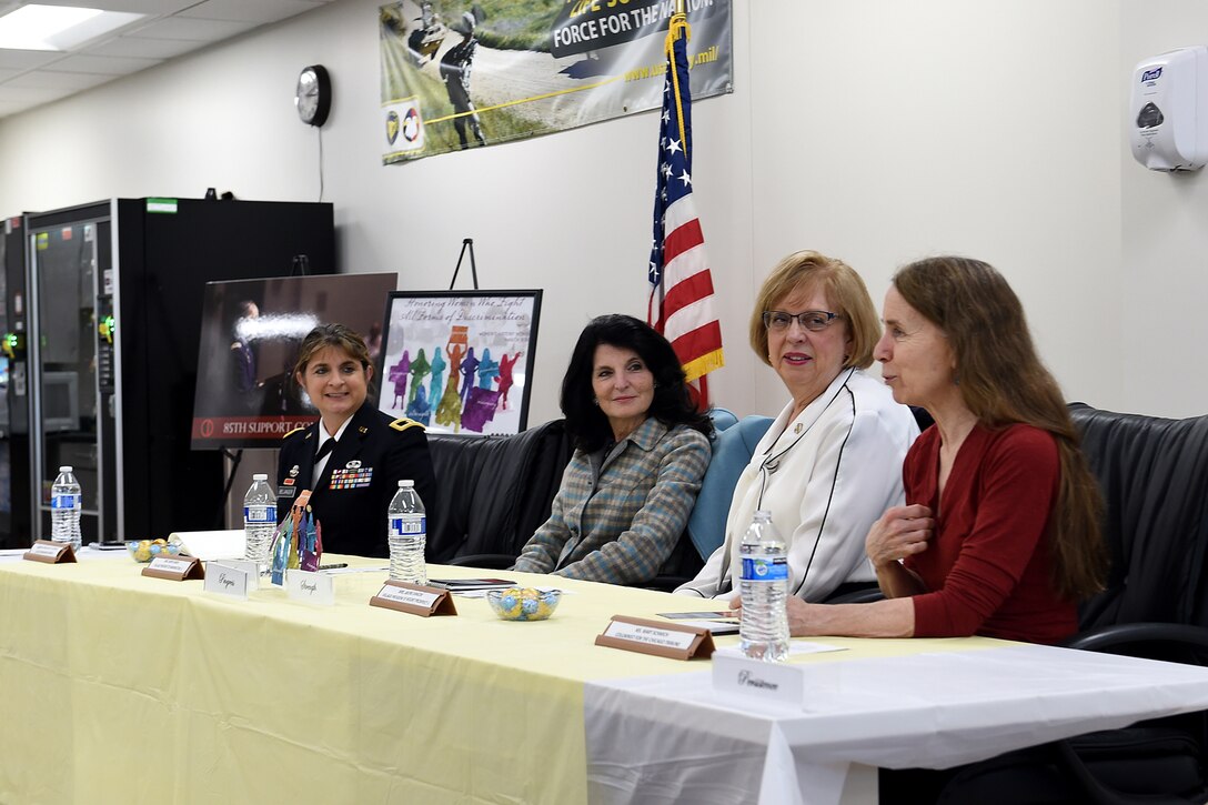 Panel members from left to right: Army Reserve Brig. Gen. Kris Belanger, Commanding General, 85th Support Command; Karen Darch, Village President/Mayor of Barrington; Arlene Juracek, Village President/Mayor of Mount Prospect; and Mary Schmich, Columnist for the Chicago Tribune share their personal stories to Army Reserve Soldiers, assigned to the 85th Support Command, during the command’s Women’s History Month observance in Arlington Heights, Mar. 4, 2018.
