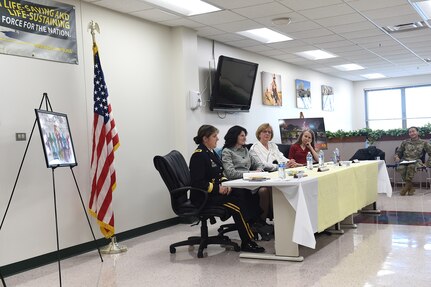 Panel members from left to right: Army Reserve Brig. Gen. Kris Belanger, Commanding General, 85th Support Command; Karen Darch, Village President/Mayor of Barrington; Arlene Juracek, Village President/Mayor of Mount Prospect; and Mary Schmich, Columnist for the Chicago Tribune share their personal stories to Army Reserve Soldiers, assigned to the 85th Support Command, during the command’s Women’s History Month observance in Arlington Heights, Mar. 4, 2018.