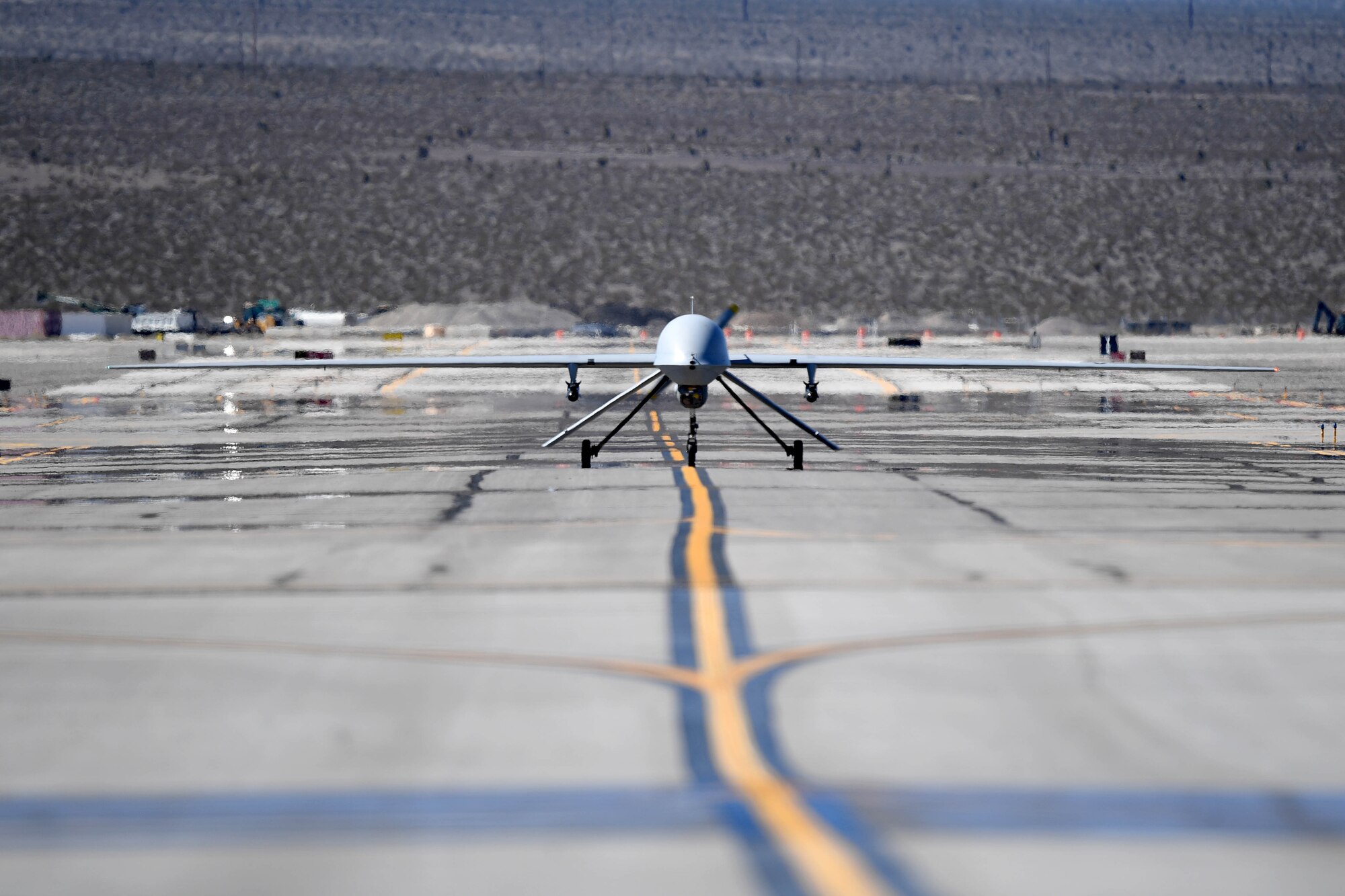 An MQ-1 Predator taxis on the runway March 9, 2018, at Creech Air Force Base, Nev. Today, the MQ-1 took flight for the last time at Creech, marking its retirement and the transition to an all MQ-9 Reaper force. (U.S. Air Force photo by Senior Airman James Thompson)