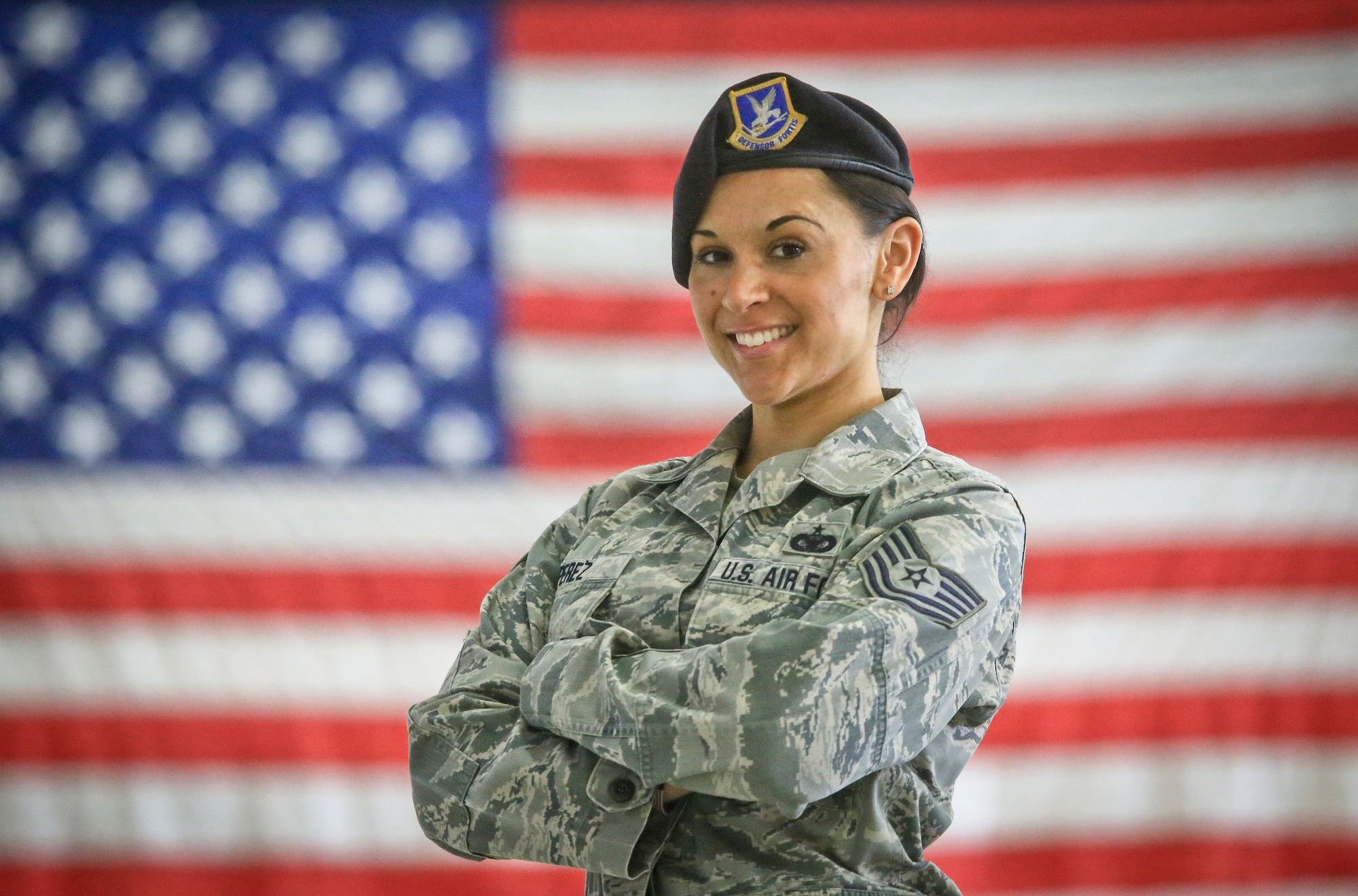 New Jersey Air National Guard Tech. Sgt. Heather Perez stands for a portrait in the 108th Security Forces facility on Joint Base McGuire-Dix-Lakehurst, N.J., March 1, 2018. Perez is a veteran of Operation Iraqi Freedom, and a combatives instructor. (U.S. Air National Guard photo by Master Sgt. Matt Hecht)