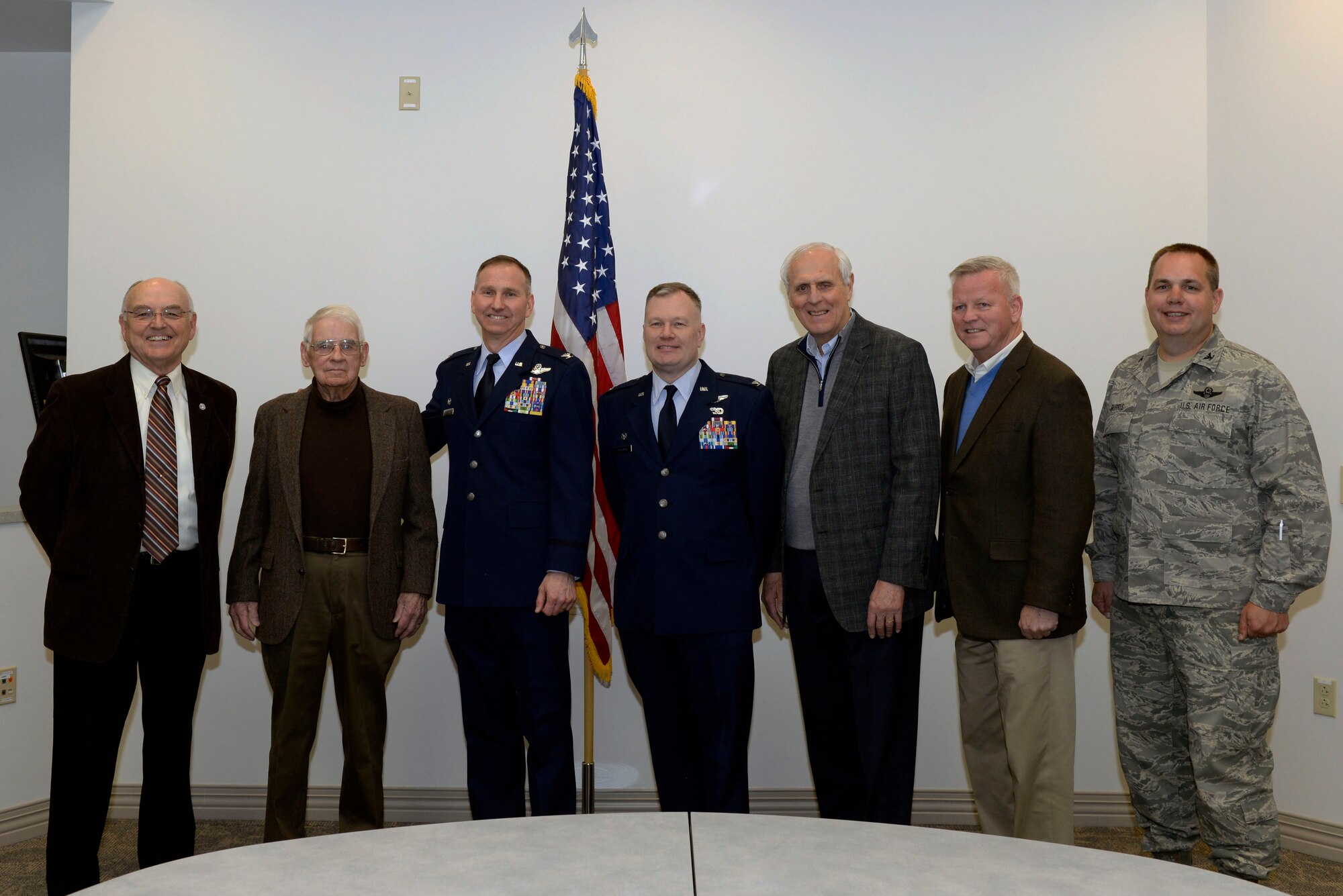 The incoming, current, and former commanders of the 157th Air Refueling Wing pose for a picture prior to a change of command ceremony at Pease Air National Guard Base, N.H., March, 10, 2018. Col. John Pogorek assumed command of the wing at a ceremony held later in the day.(N.H. Air National Guard photo by Senior Airman Taylor Queen)