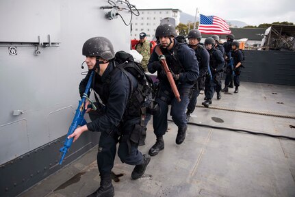 180309-N-DX072-056 SASEBO, Japan (Mar. 09, 2018) Sailors assigned to the amphibious transport dock ship USS Green Bay (LPD 20) conduct a visit, board, search and seizure (VBSS) drill aboard Landing Craft Unit (LCU) 1634. Green Bay is operating in the Indo-Pacific region to inhance interoperablility with partners and serve as a ready-response force for any type of contingency. (U.S. Navy photo by Mass Communication Specialist 2nd Class Anaid Banuelos Rodriguez/Released)