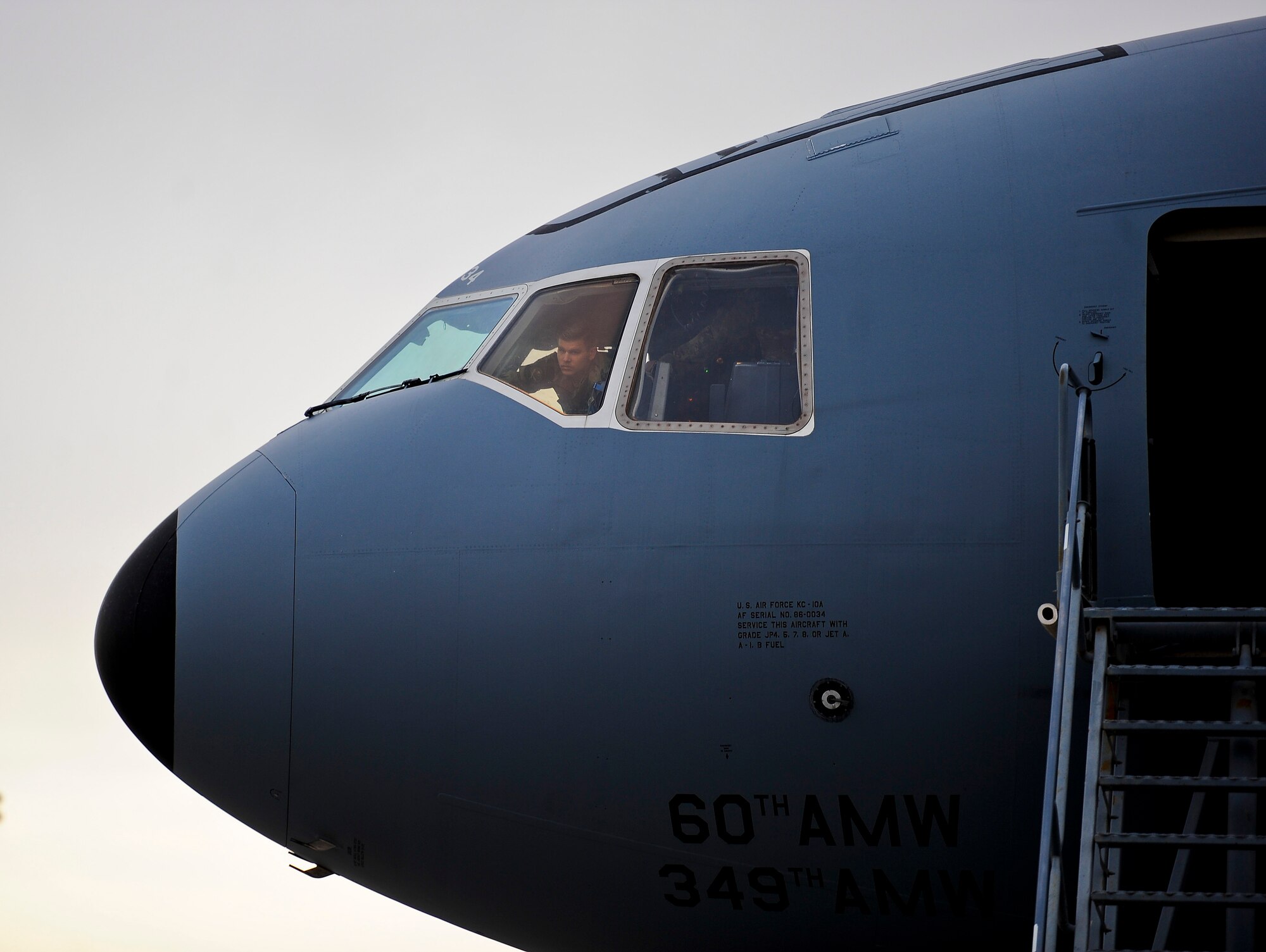 U.S. Air Force Senior Airman Jadon Sylvester, flight engineer, conducts a pre-flight check of a KC-10 Extender assigned to the 380th Air Expeditionary Wing, Al Dhafra Air Base, United Arab Emirates, March 2, 2018. The 380th generates multiple aircraft types providing combat missions in joint and combined aerospace operations with Army, Navy, Marine Corps & Coalition forces. (U.S. Air Force photo by Tech. Sgt. Anthony Nelson Jr.)