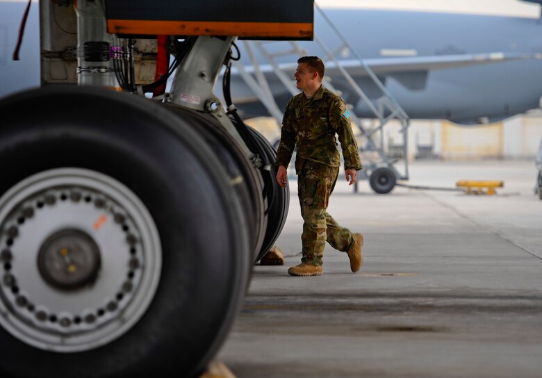 U.S. Air Force Senior Airman Jadon Sylvester, flight engineer, conducts pre-flight scanning of a KC-10 Extender assigned to the 380th Air Expeditionary Wing, Al Dhafra Air Base, United Arab Emirates, March 2, 2018. The 380th generates multiple aircraft types providing combat missions in joint and combined aerospace operations with Army, Navy, Marine Corps & Coalition forces. (U.S. Air Force photo by Tech. Sgt. Anthony Nelson Jr.)