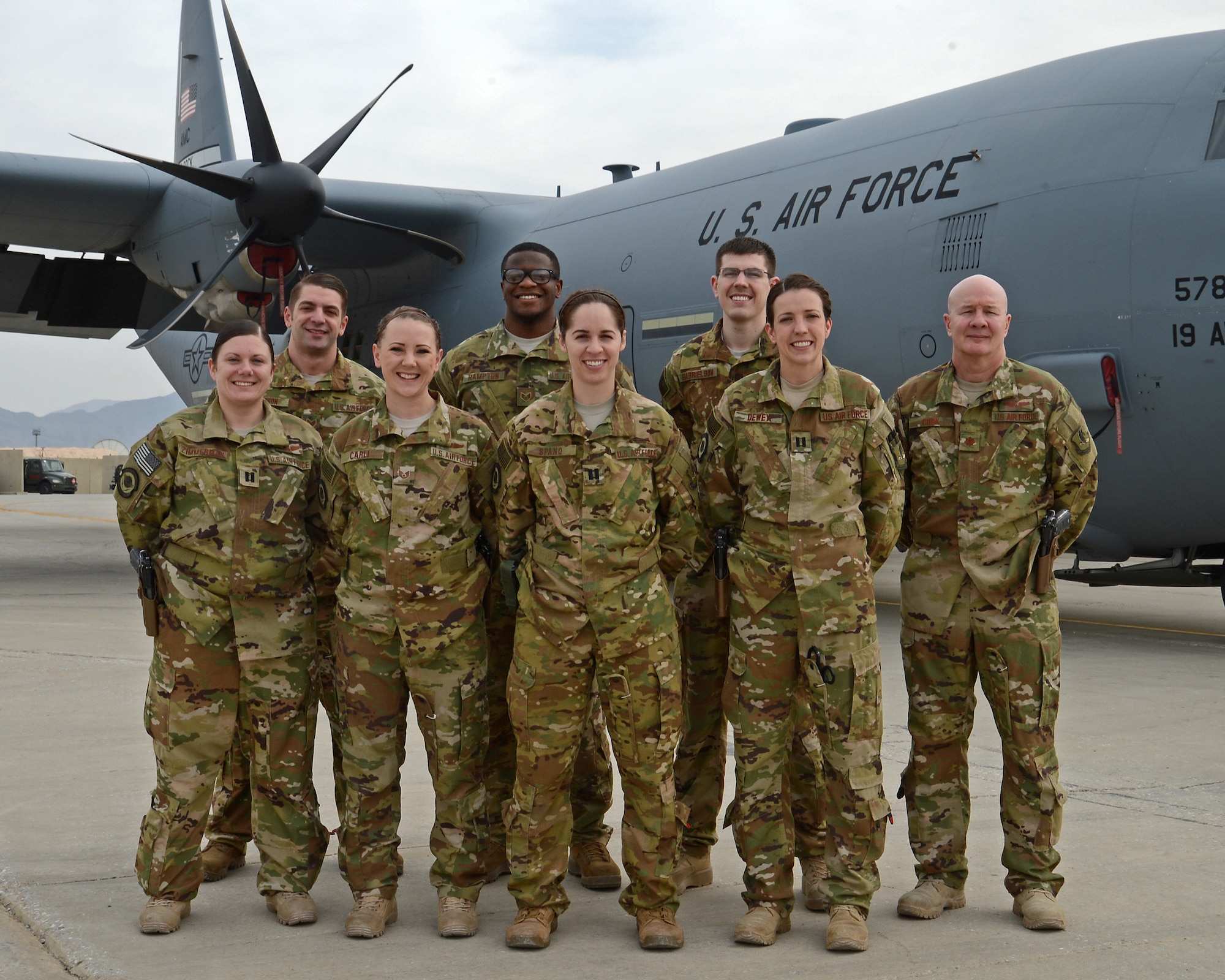 Aeromedical Evacuation and Critical Care Air Transport Team members from the 455th Expeditionary Aeromedical Evacuation Squadron pose for a photo Mar. 10, 2018 at Bagram Airfield, Afghanistan.