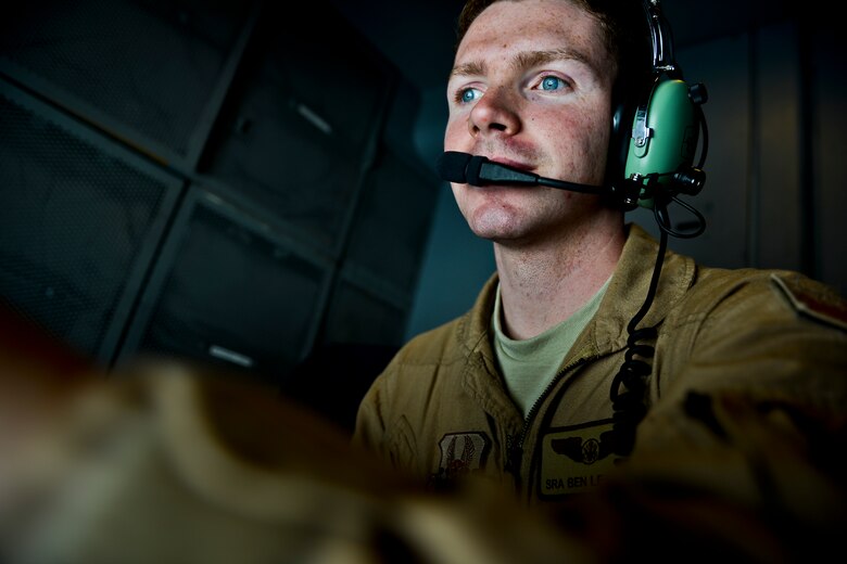 U.S. Air Force Senior Airman Ben Leclerc in-flight refueler, refuels an F-16 assigned to the 455th Air Expeditionary Wing, Bagram Airfield, Afghanistan, while over Afghanistan, March 9, 2018. The KC-10 can refuel a wide variety of U.S. and allied military aircraft within the same mission.

 (U.S. Air Force photo by Tech. Sgt. Anthony Nelson Jr.)