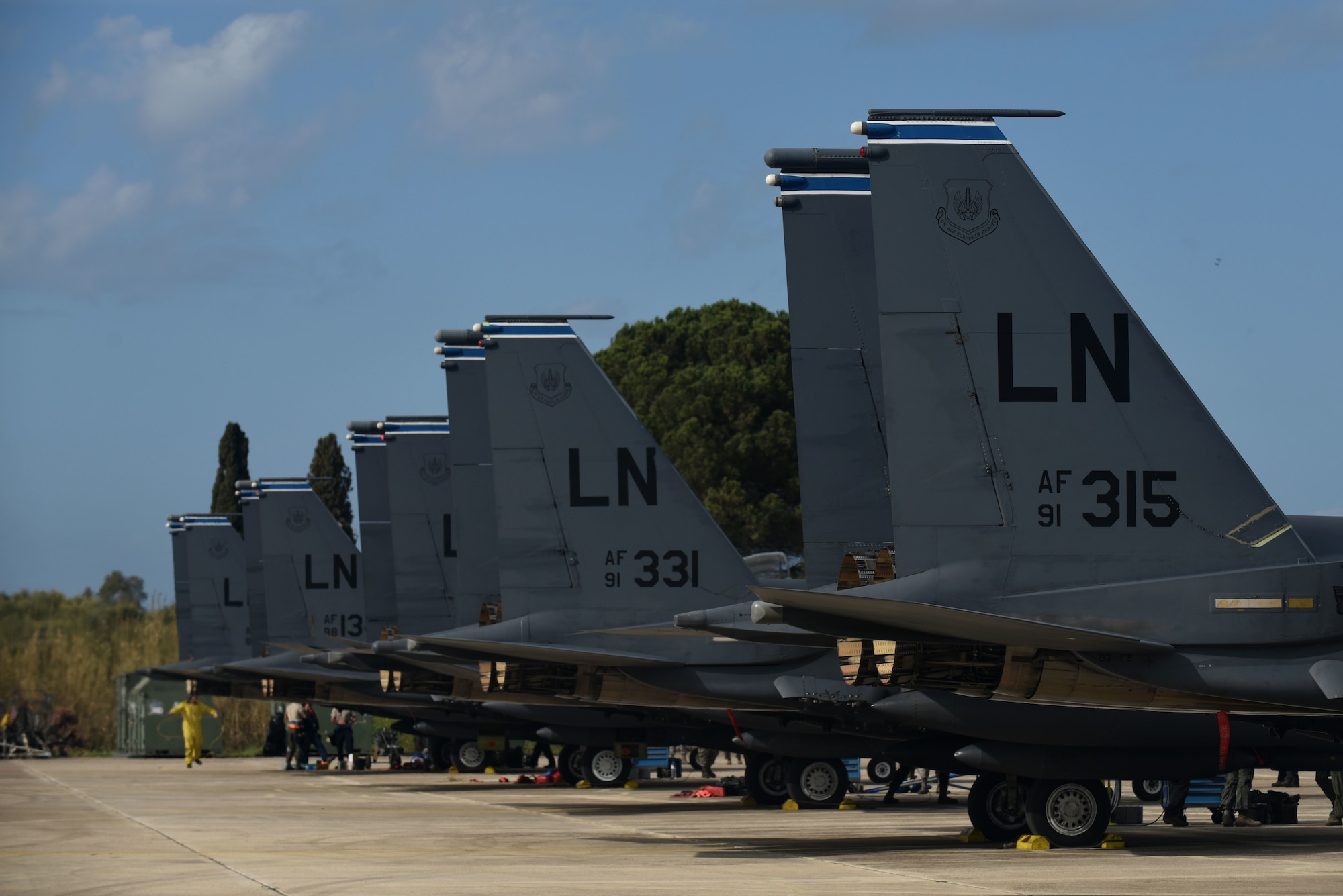F-15E Strike Eagles, assigned to the 492nd Fighter Squadron from Royal Air Force Lakenheath, England, are staged on the ramp after arriving at Andravida Air Base, Greece, March 7. The 492nd FS is scheduled to participate in INIOHOS 18, a Hellenic Air Force-led, large-force flying exercise that is slated to involve seven countries and over 50 aircraft. (U.S. Air Force photo/Airman 1st Class Eli Chevalier)