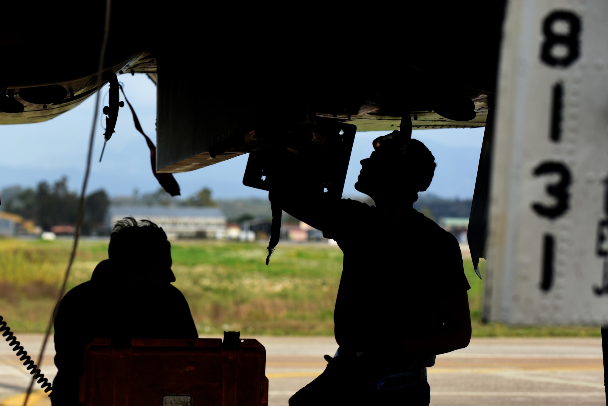 Airmen assigned to the 492nd Aircraft Maintenance Unit perform post-flight checks on an F-15E Strike Eagle at Andravida Air Base, Greece, March 7. The F-15s are scheduled to participate in INIOHOS 18, a Hellenic Air Force-led, large force flying exercise that is slated to involve seven countries and over 50 aircraft. (U.S. Air Force photo/Airman 1st Class Eli Chevalier)