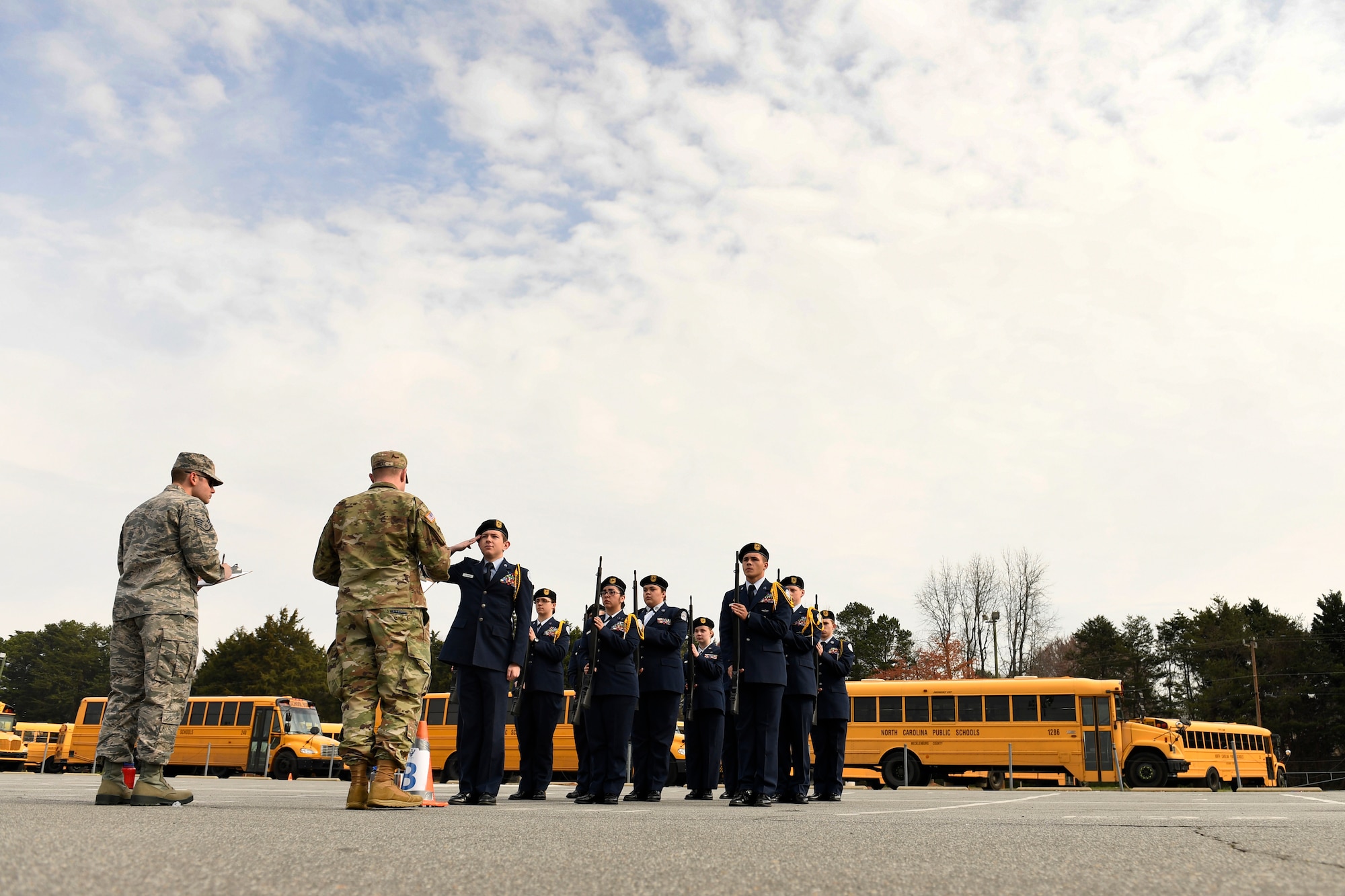 U.S. Air Force Junior Reserve Officers' Training Corps cadets from Lincolnton High School compete in the armed flight drill during the Patriot Classic Drill Competition held at Independence High School, Charlotte, N.C., March 10, 2018. Over 300 students from 14 high schools traveled from as far as 3 hours away to compete and were judged by volunteers from the North Carolina Air National Guard and Army National Guard.