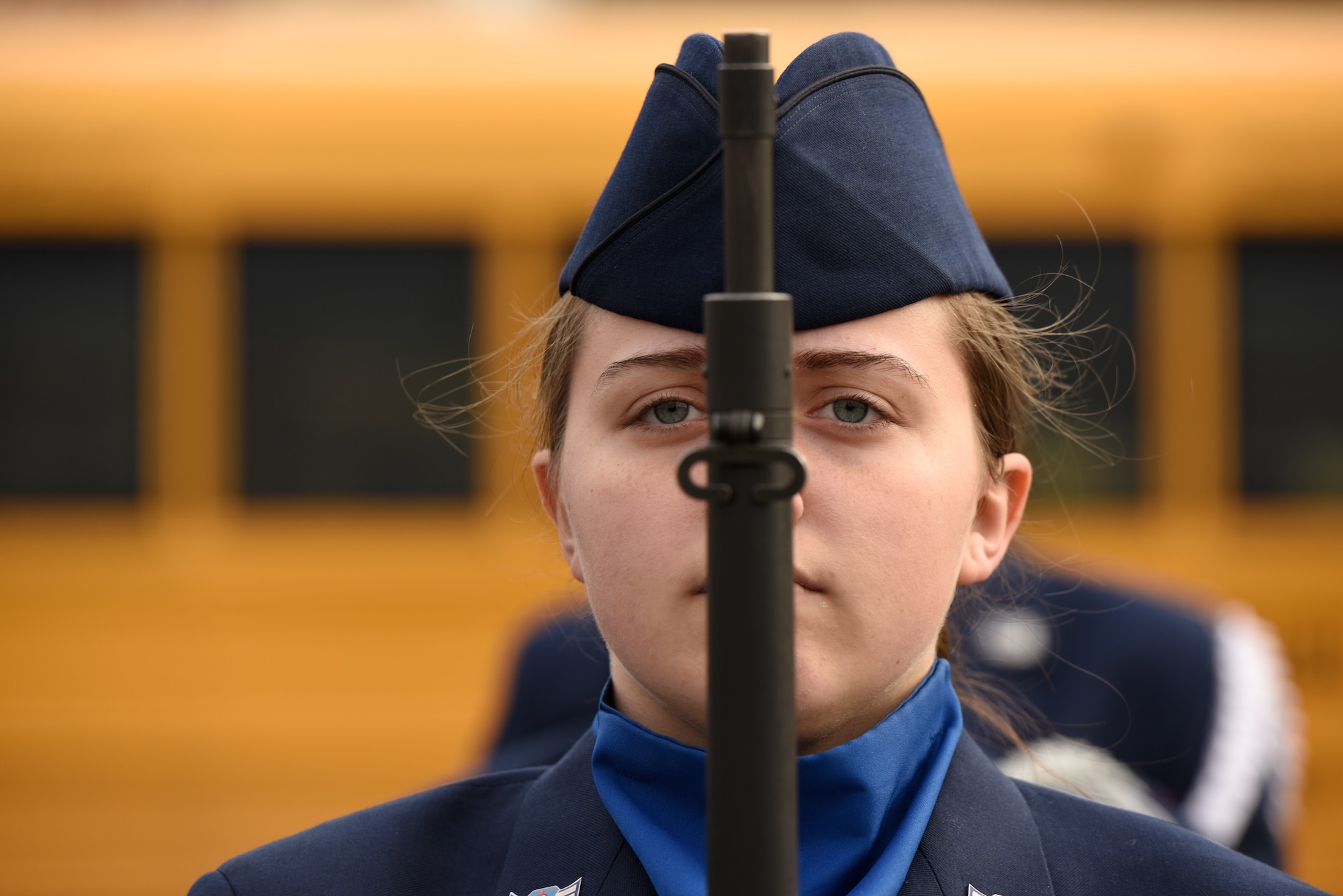 Avery Batts, a Parkwood High School Air Force Junior Reserve Officers' Training Corps cadet, stands at present arms in the armed flight drill during the Patriot Classic Drill Competition held at Independence High School, Charlotte, N.C., March 10, 2018. Over 300 students from 14 high schools traveled from as far as 3 hours away to compete and were judged by volunteers from the North Carolina Air National Guard and Army National Guard.