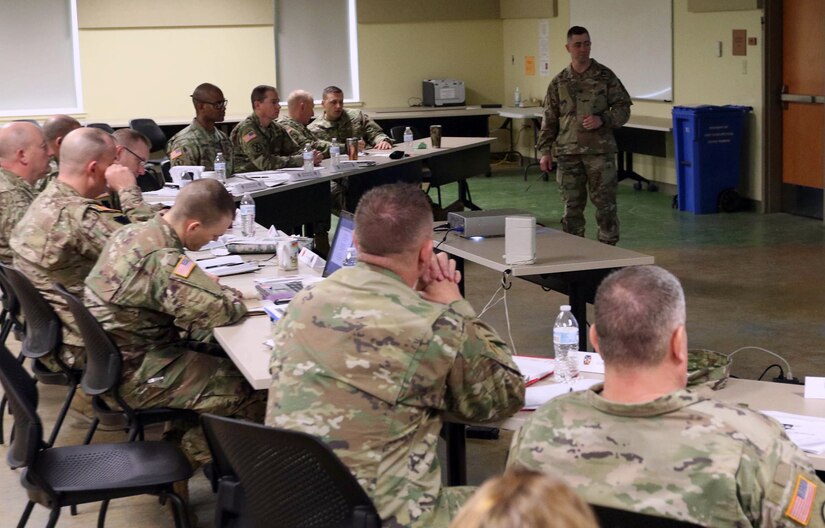 Col. Marc Hoffmeister, commander of the 20th Engineer Brigade speaks to leaders of the 28th Infantry Division supporting units at the two-day US Army Central Intermediate Division Headquarter Leader’s Conference at Fort Hood, Texas on Feb. 13, 2018.
