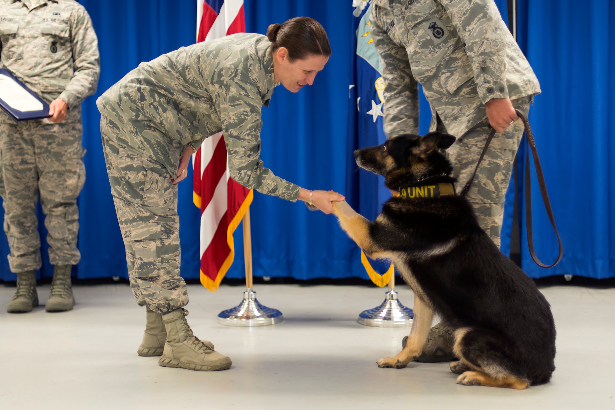 U.S. Air Force Lt. Col. Melissa Brown, commander of the 6th Security Forces Squadron, shakes paws with Apacs, a military working dog, during Apacs' retirement ceremony held at MacDill Air Force Base, Fla., March 9, 2018. Apacs retired with full ceremonial services after six years of service to the U.S. Air Force.