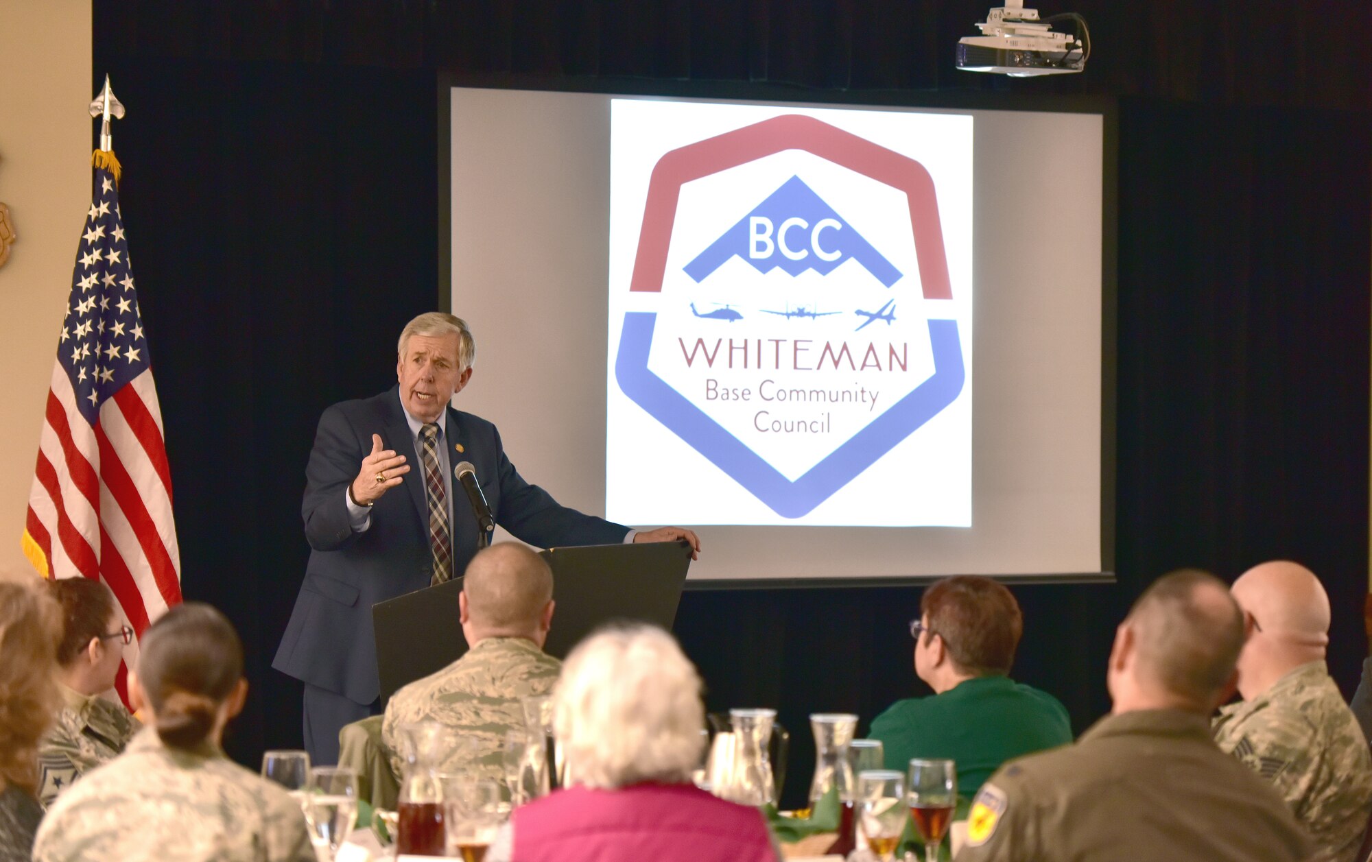 The Honorable Michael L. Parson, Lieutenant Governor of Missouri, speaks during the Whiteman Base Community Council luncheon