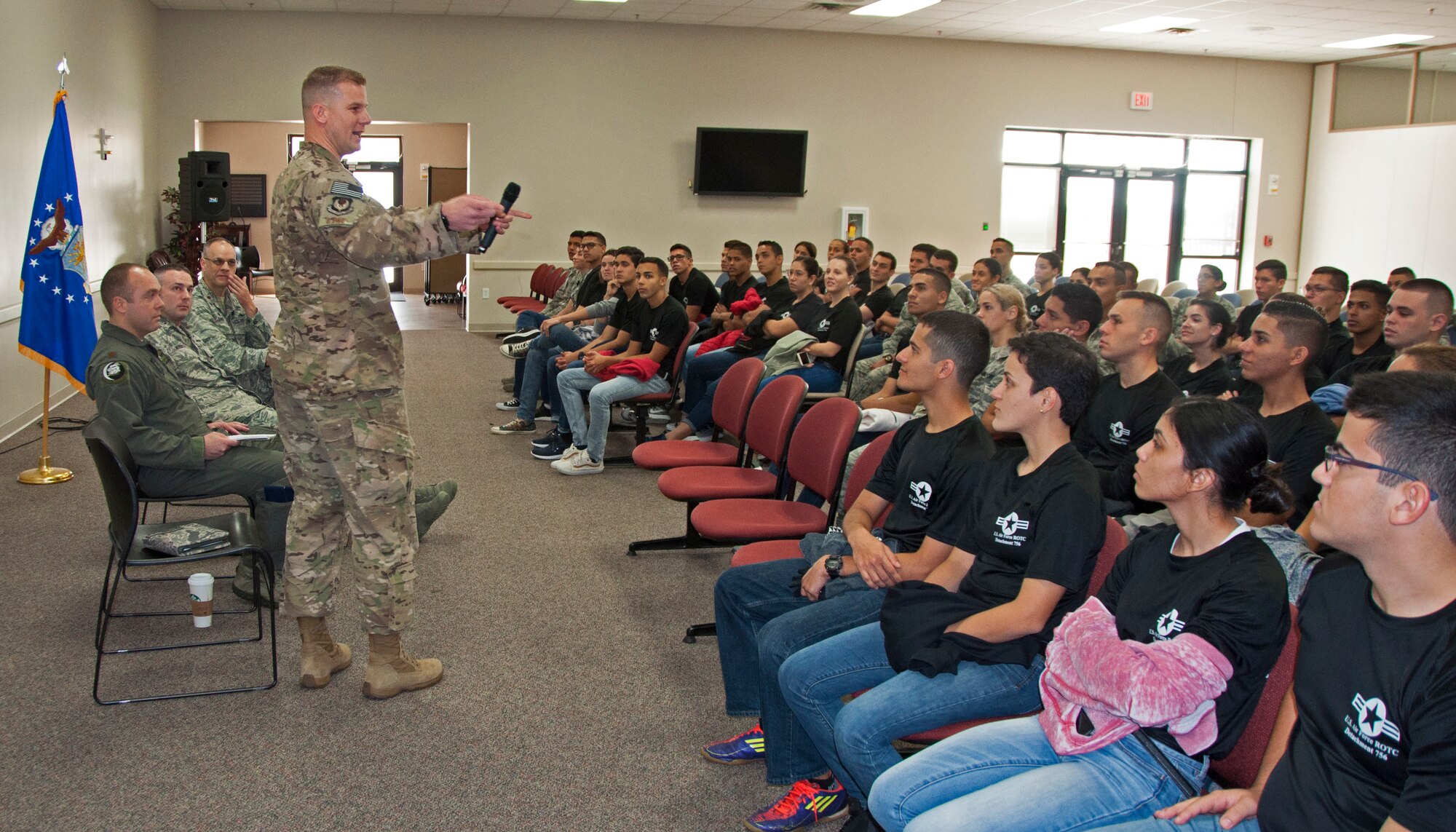 Capt. Jefre Potterbaum, 919th Special Operations Logistics Readiness Squadron acting commander, speaks to ROTC cadets from the University of Puerto Rico