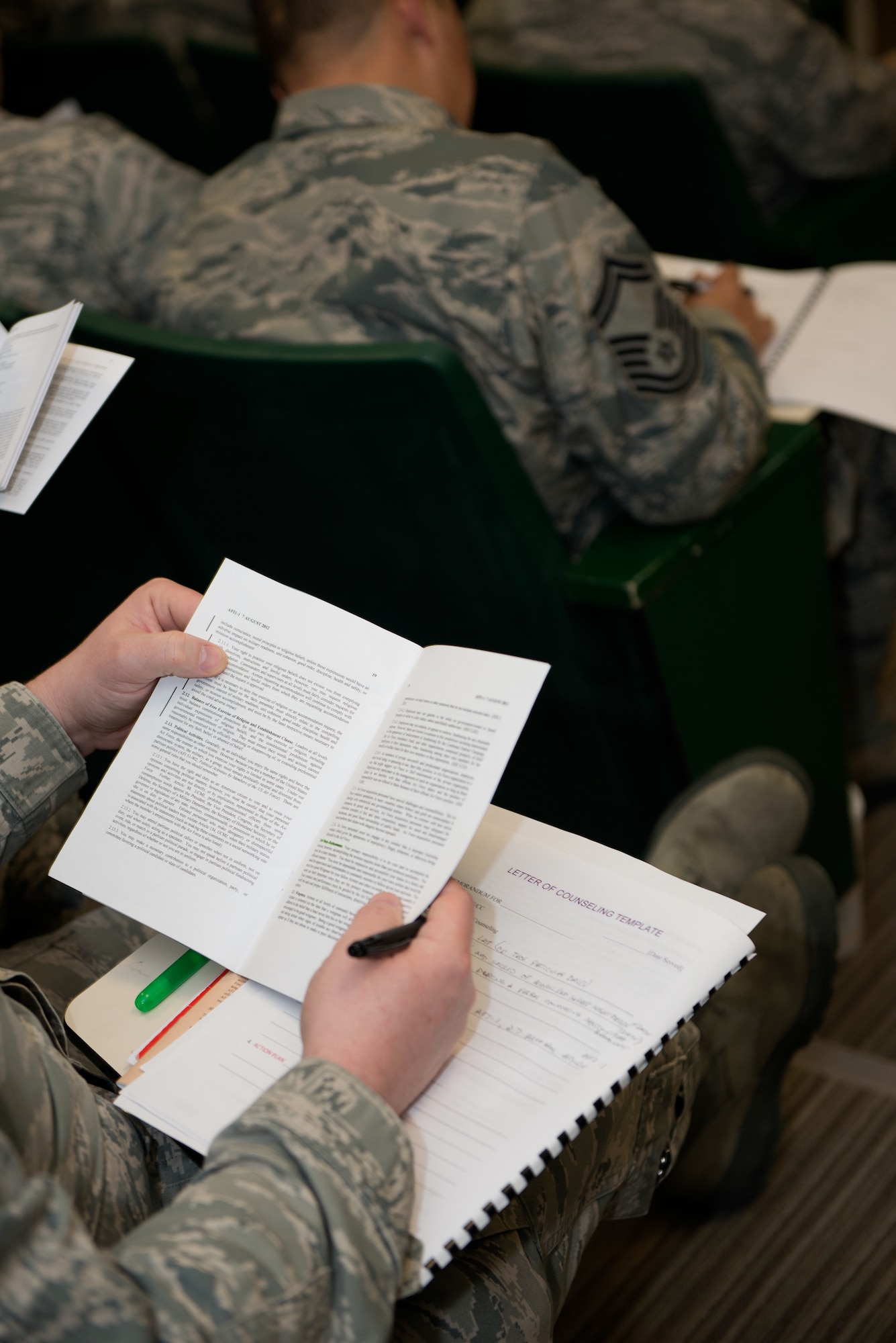 Airmen complete a letter of counseling template during the legal boot camp seminar March 10, 2018 at Pease Air National Guard Base, N.H. The seminar is designed to educate supervisors about the methods of progressive discipline. (U.S Air National Guard photo by A1C Victoria Nelson)