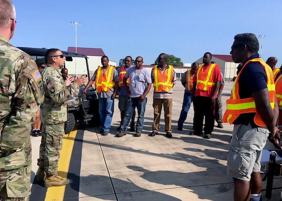 DLA Distribution Commander Army Brig. Gen. John S. Laskodi addresses the DDXX team at ISB Joint Base San Antonio-Randolph, Texas, after visiting DLA Distribution Corpus Christi, Texas, and other DLA personnel supporting relief after the catastrophic damage caused by Hurricane Harvey.