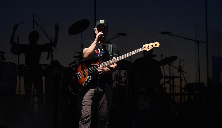 Gary Sinise, Lt. Dan Band founder, speaks to the crowd prior to performing a song during a concert at Tyndall Air Force Base, Fla., March 4, 2018. The Lt. Dan Band is a subset of numerous functions facilitated by the Gary Sinise Foundation. (U.S. Air Force photo by Airman 1st Class Solomon Cook/Released)