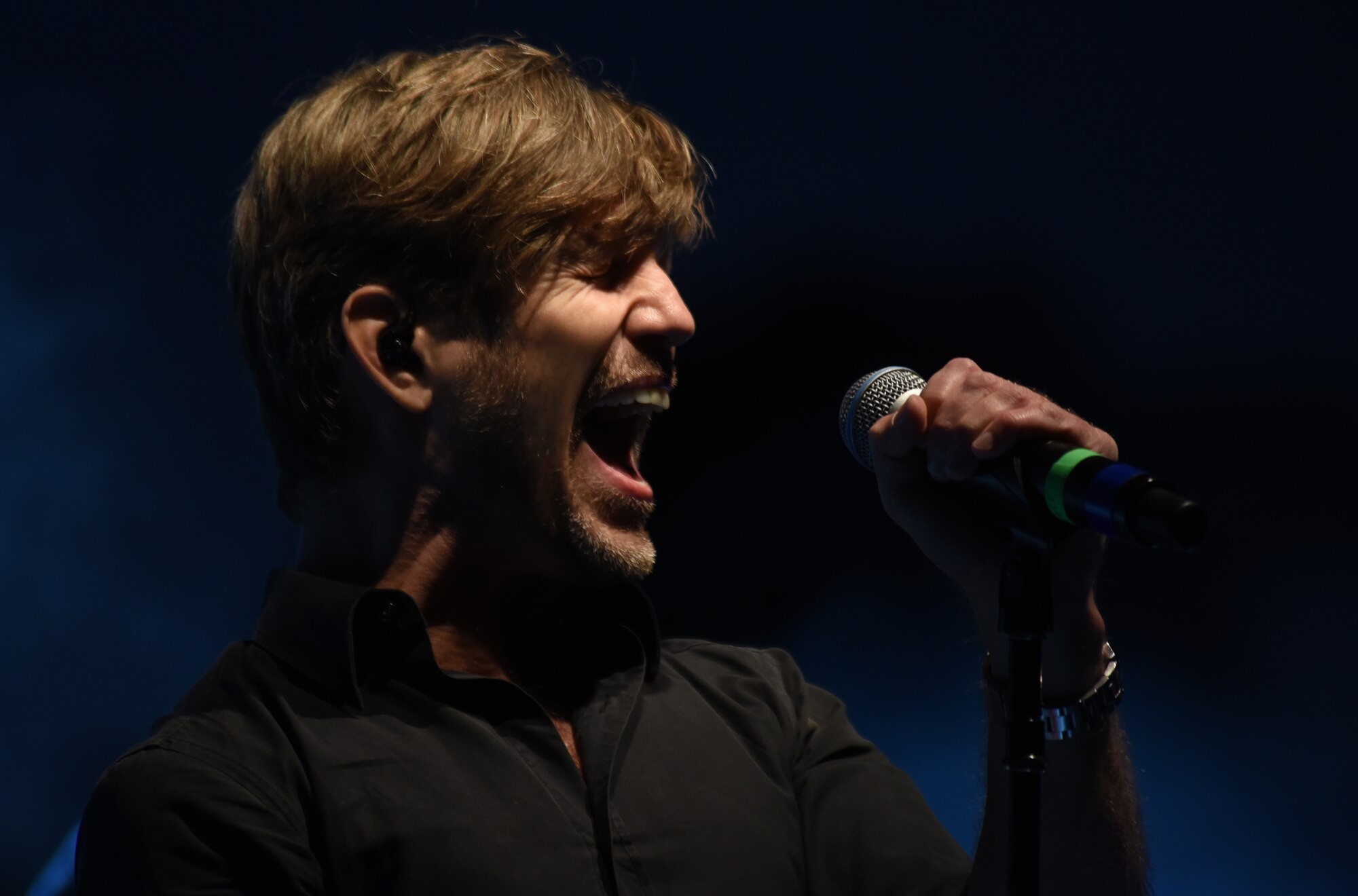 Jeff Vezain, Lt. Dan Band lead singer, sings during a concert at Tyndall Air Force Base, Fla., March 4, 2018. (U.S. Air Force photo by Airman 1st Class Solomon Cook/Released)