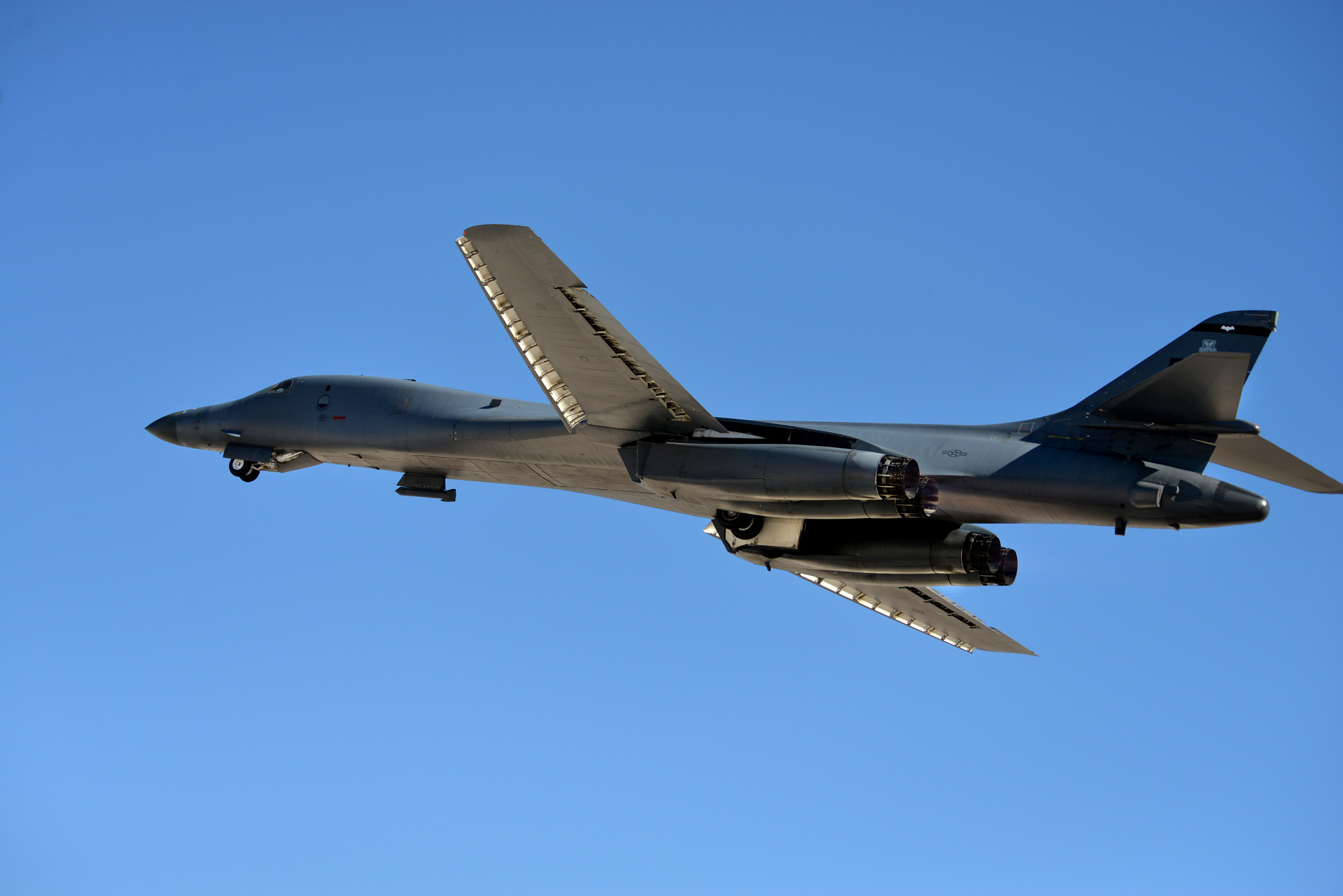 A B1B bomber assigned to the 7th Bomb Wing, Dyess Air Force Base, Texas takes off from Nellis
