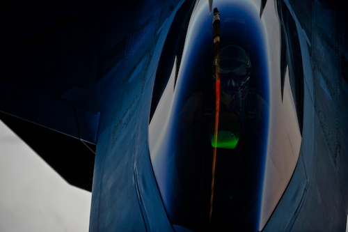 An U.S. Air Force F-22 Raptor pilot receives fuel over Syria from a KC-10 Extender March 2, 2018. The F-22 Raptor is able to perform both air-to-air and air-to-ground missions and has a significant capability to attack surface targets.

 (U.S. Air Force photo by Tech. Sgt. Anthony Nelson Jr.)