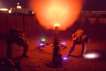 U.S. Marines with Task Force Southwest (TFSW) fire a 120mm mortar as a show of force at Camp Shorab, Afghanistan, March 10, 2018. Approximately 300 Marines with TFSW are deployed to the Helmand province to provide training, advice and assistance to the Afghan National Defense and Security Forces. Marines and the ANDSF work together to expand security and increase stability in Helmand and Nimroz provinces. (U.S. Marine Corps photo by Staff Sgt. Melissa Karnath/Released)