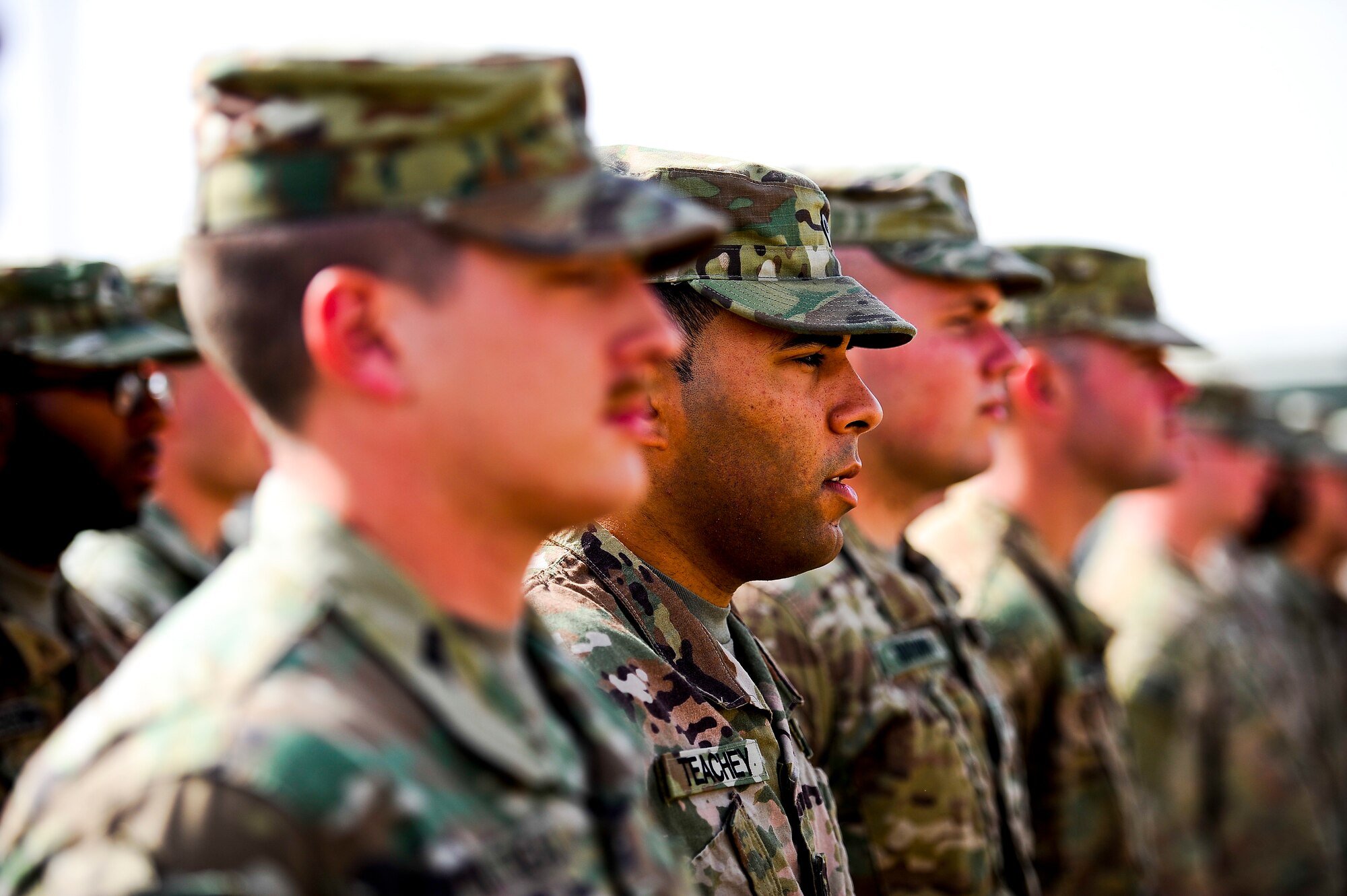 Spc. Kreig Teachy stands in formation during the 1st Battalion 7th Air Defense Artillery, change of responsibility ceremony at Al Dhafra Air Base, United Arab Emirates, March 11, 2018. Teachy is a native of Portsmouth, Virginia. 


 (U.S. Air Force photo by Tech. Sgt. Anthony Nelson Jr)