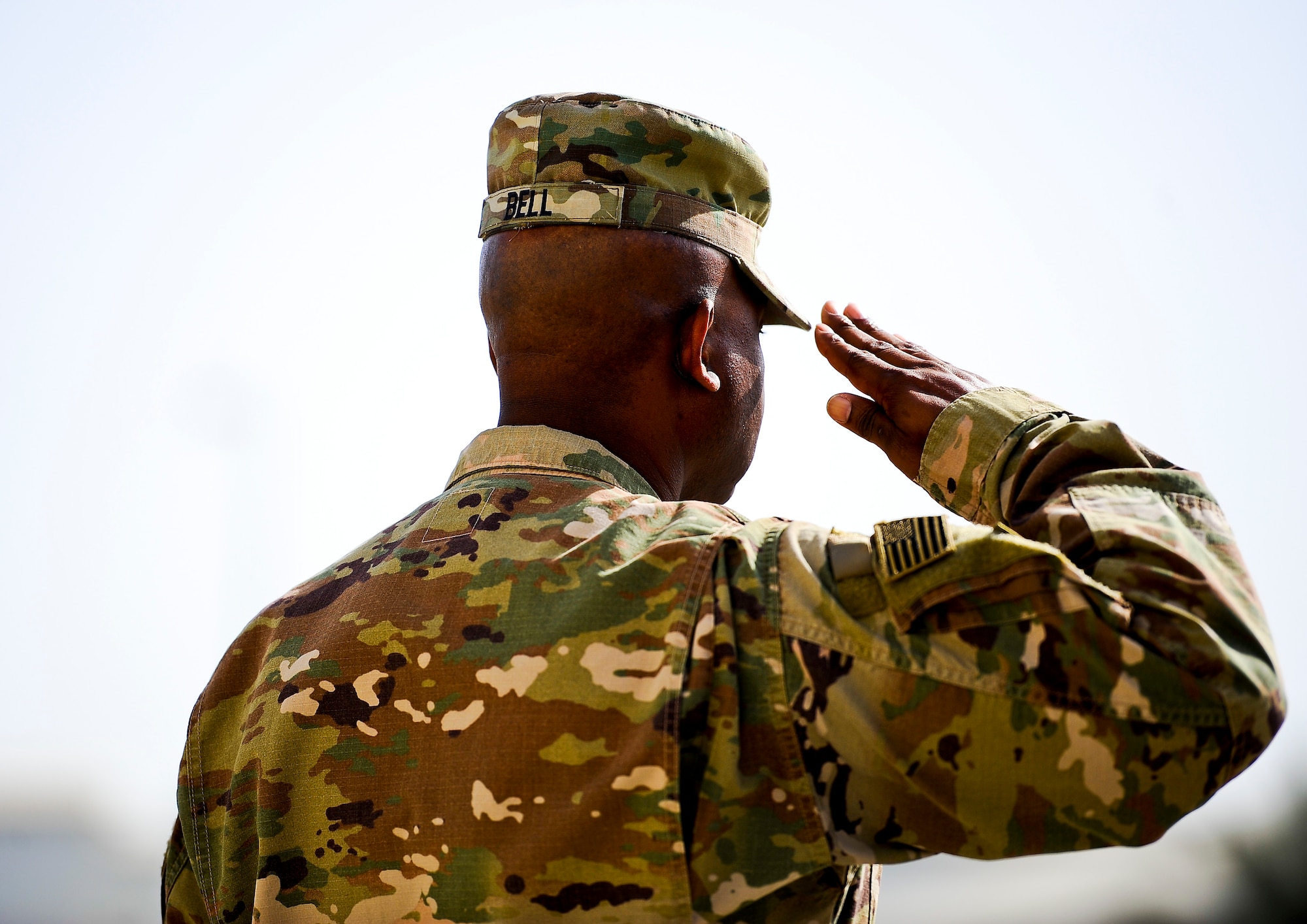 U.S. Army Command Sgt. Maj. Robert Bella, command sergeant major of the 1st Battalion, 7th Air Defense Artillery, renders a final salute to the men and women of 1-7 ADA during the change of responsibility ceremony at Al Dhafra Air Base, United Arab Emirates, March 11, 2018.
 Bell's next assignment will be Command Sergeant Major of the space command unit at Fort Carson, Colorado.

 (U.S. Air Force photo by Tech. Sgt. Anthony Nelson Jr)
